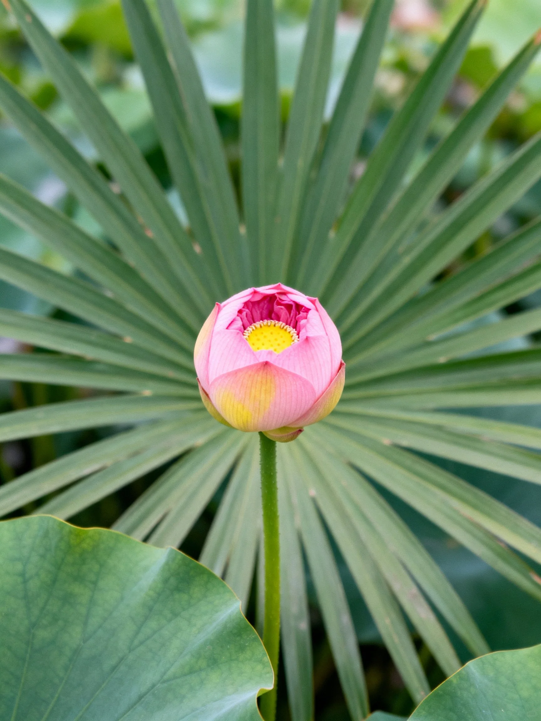 A pink lotus bud amidst fan-shaped green foliage