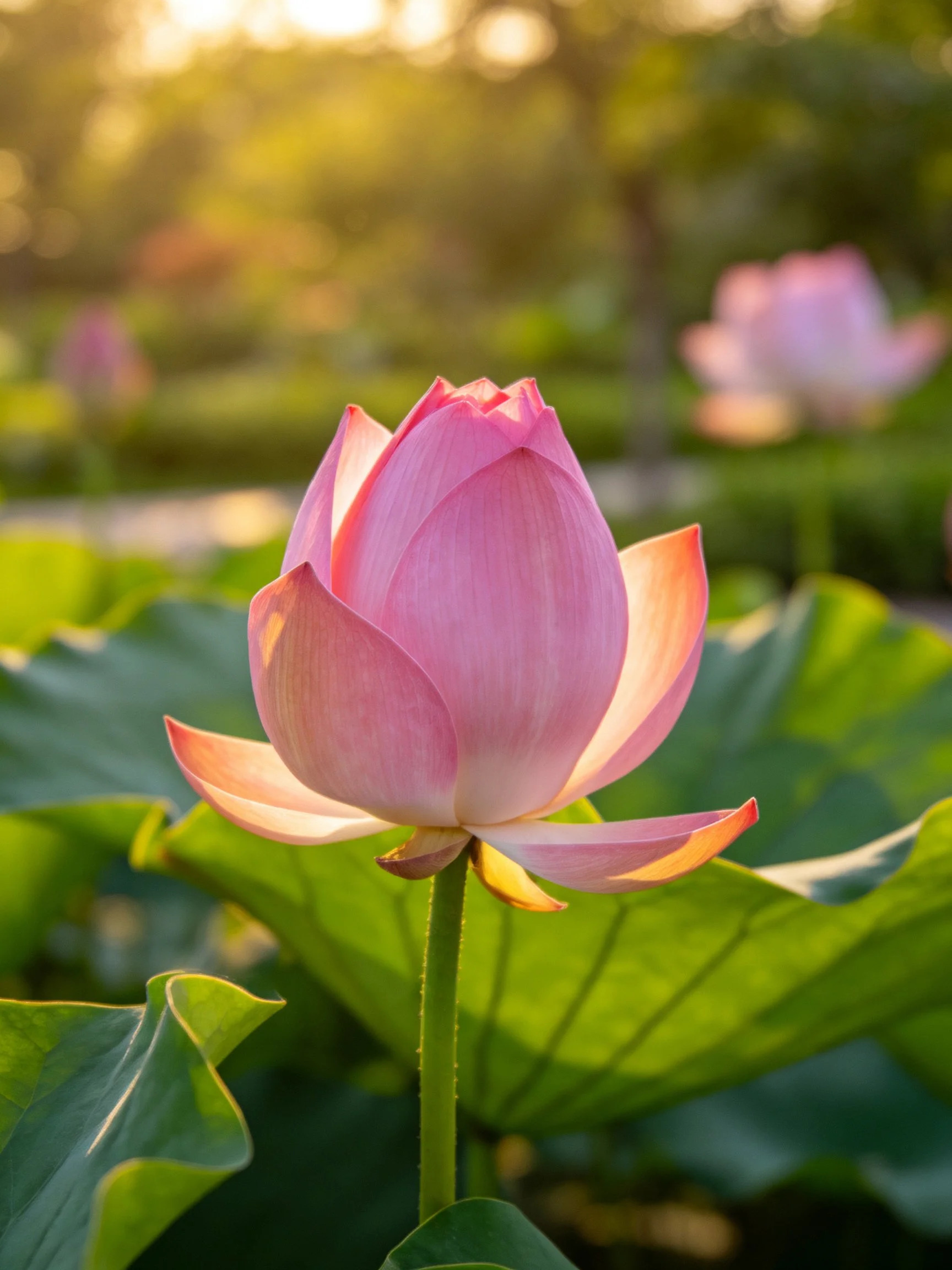 A pink lotus bud amidst large green leaves in golden sunlight