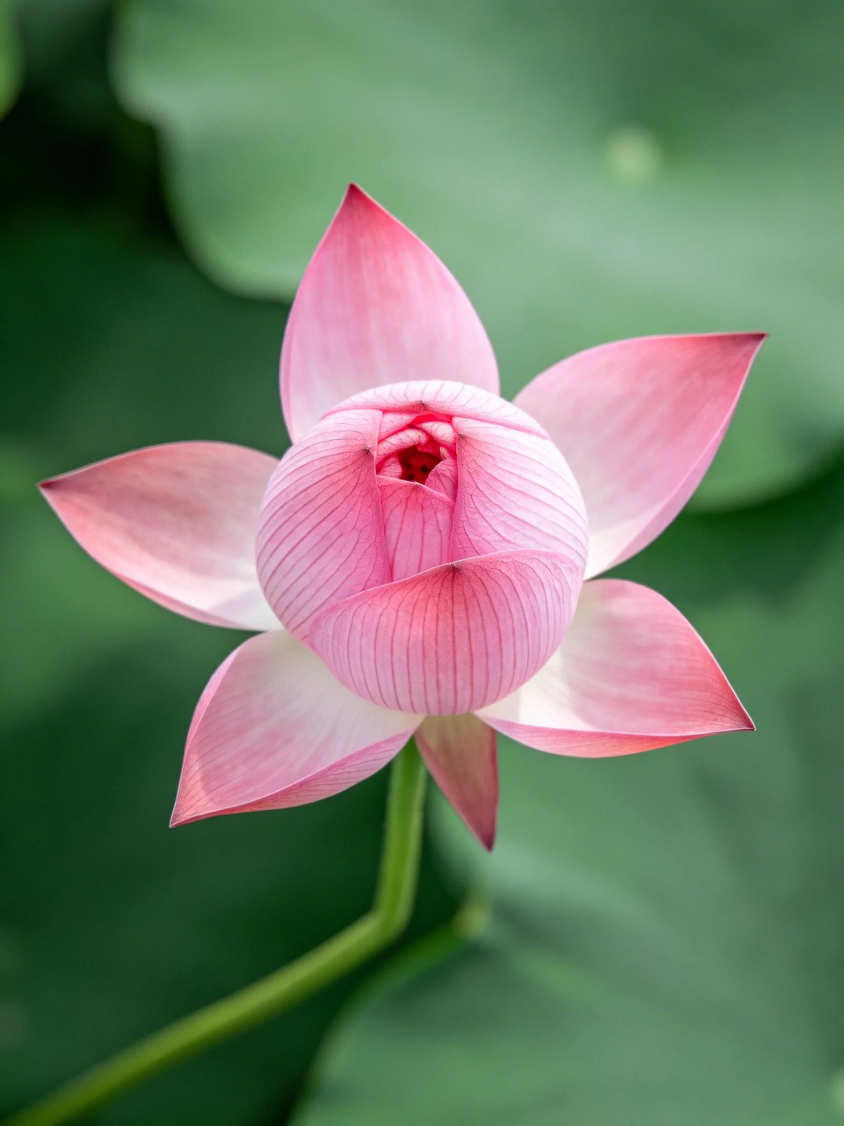 A pink lotus bud with five petals against green foliage