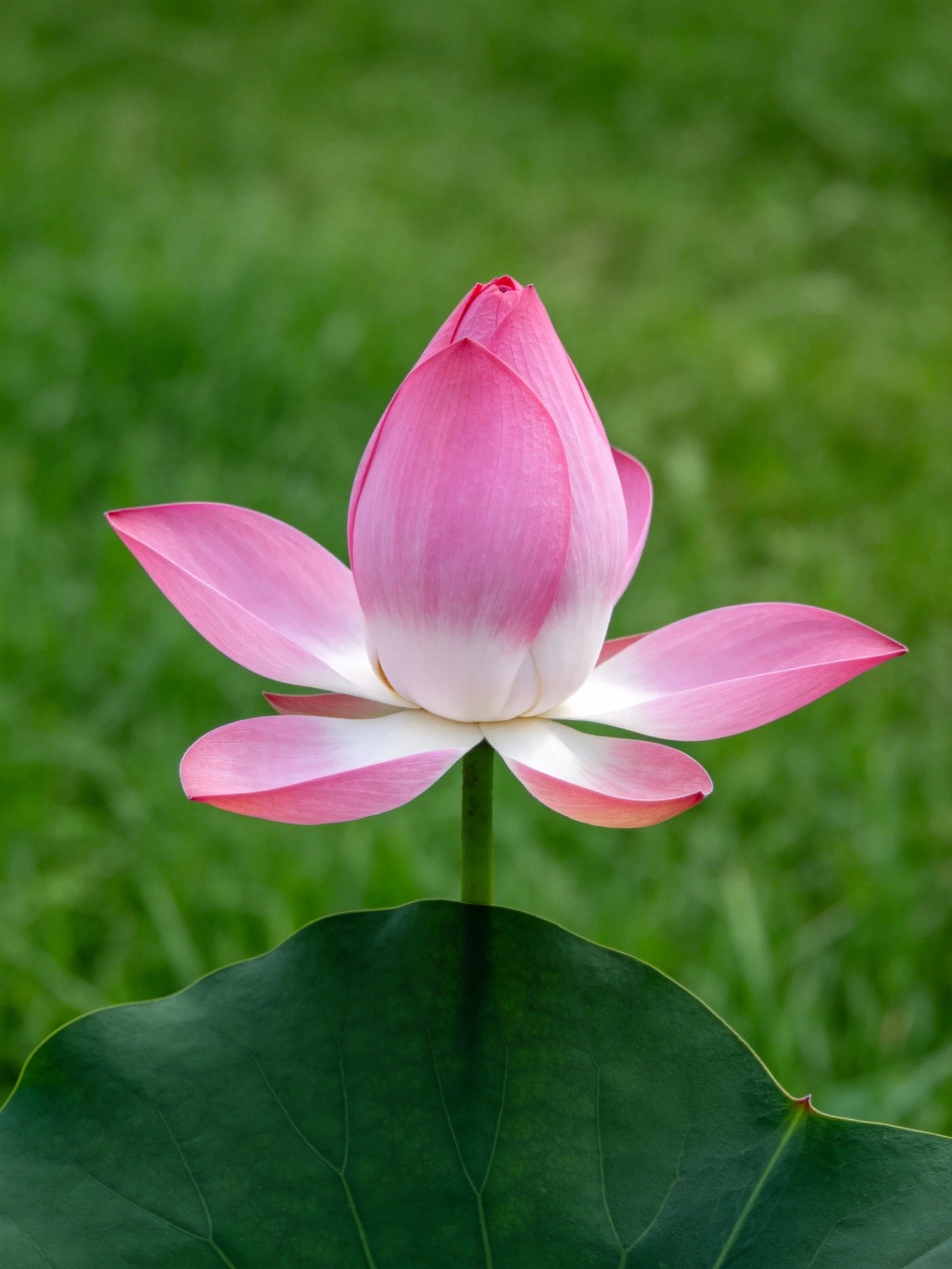 A pink lotus bud with white petals and green leaf