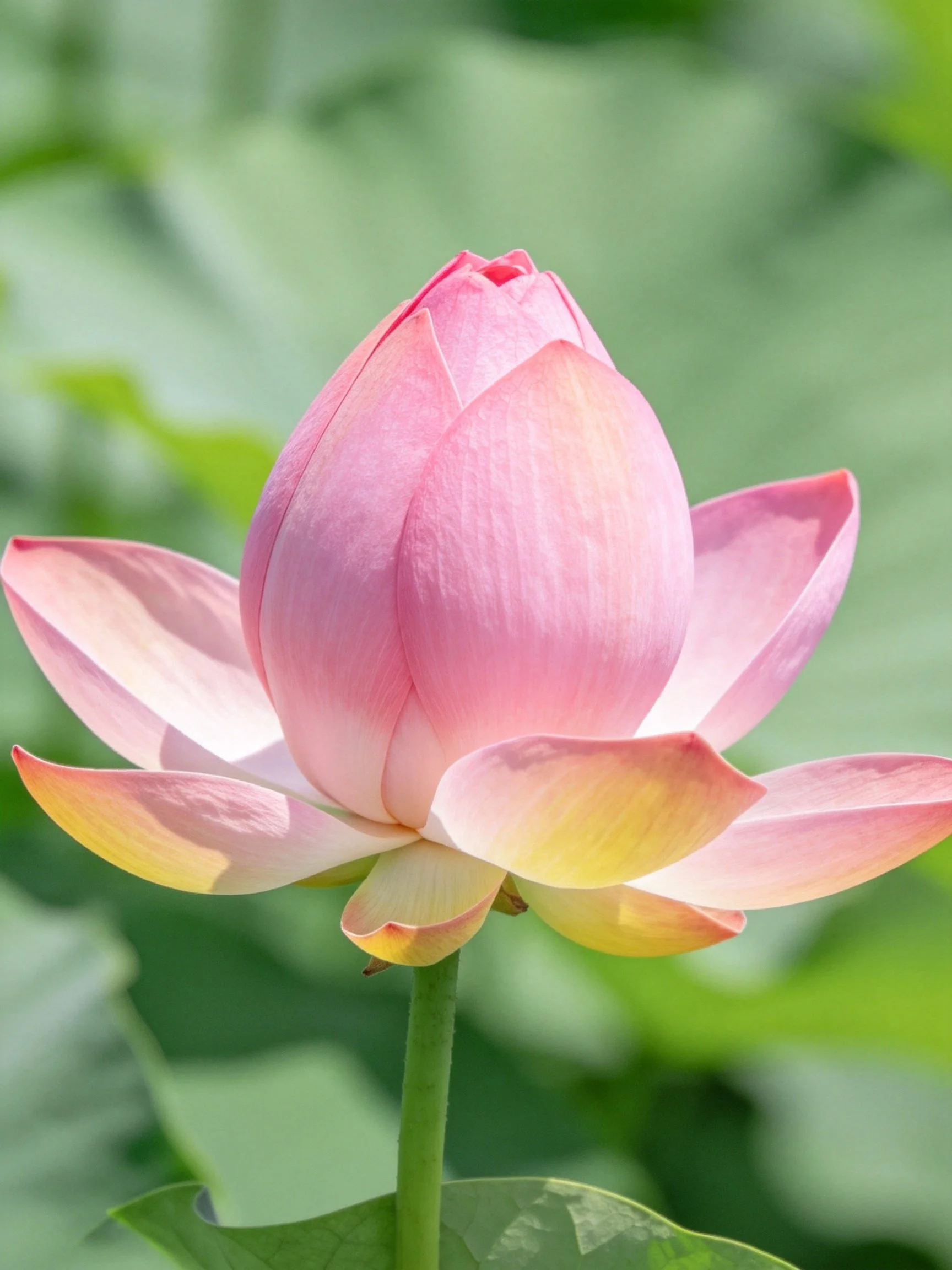 A pink lotus bud with yellow-edged petals amid green foliage