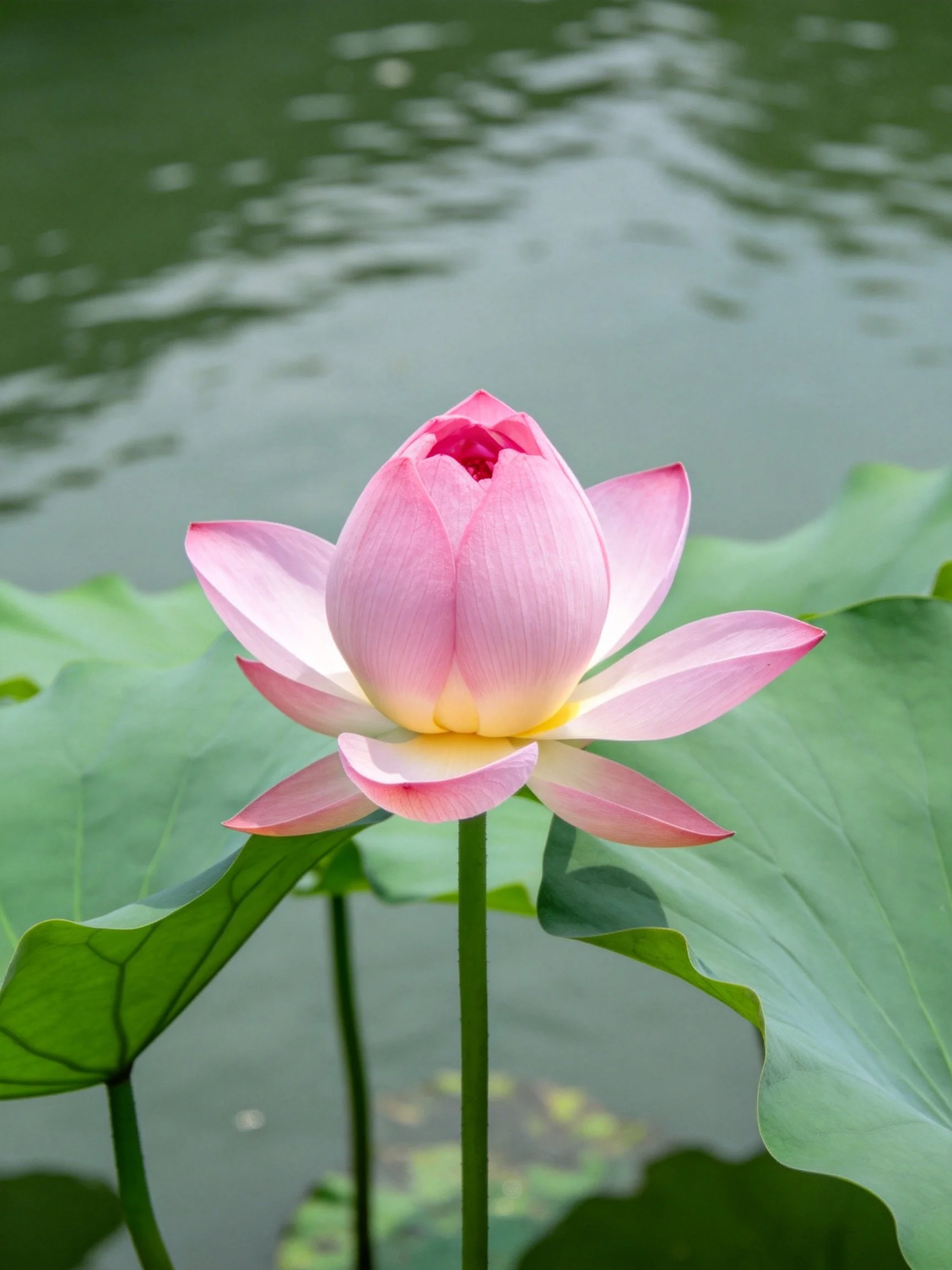 A pink lotus flower surrounded by large green leaves