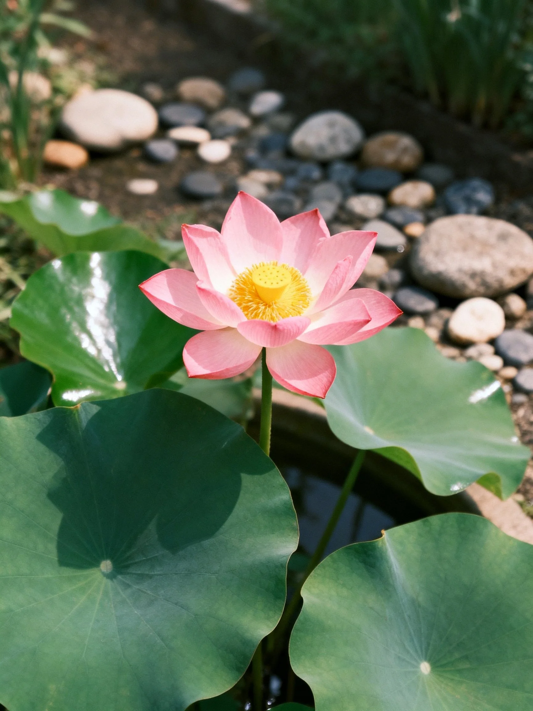 A pink lotus flower surrounded by large green lily pads and smooth stones