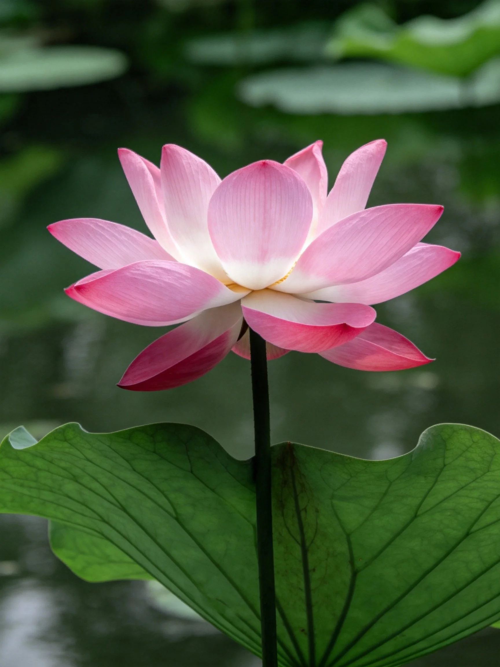 A pink lotus flower with broad green leaves near calm water