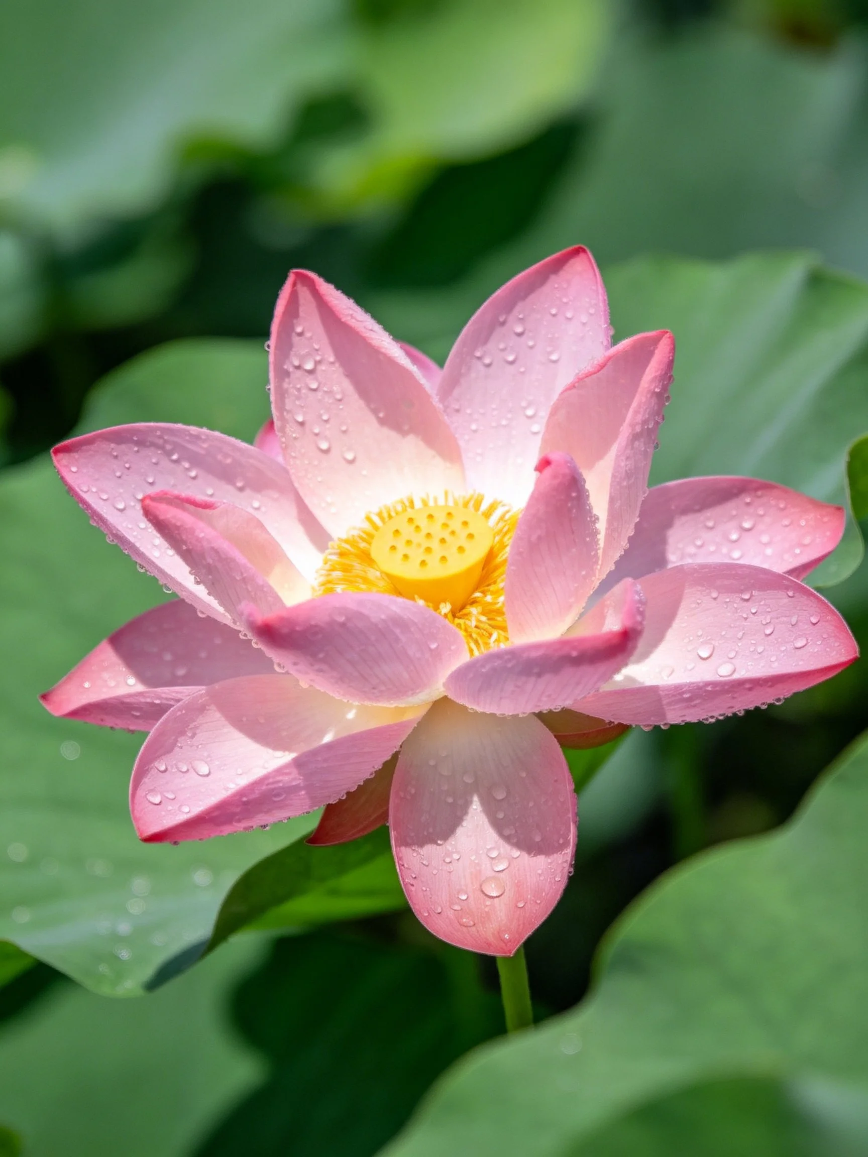A pink lotus flower with water droplets amid green leaves