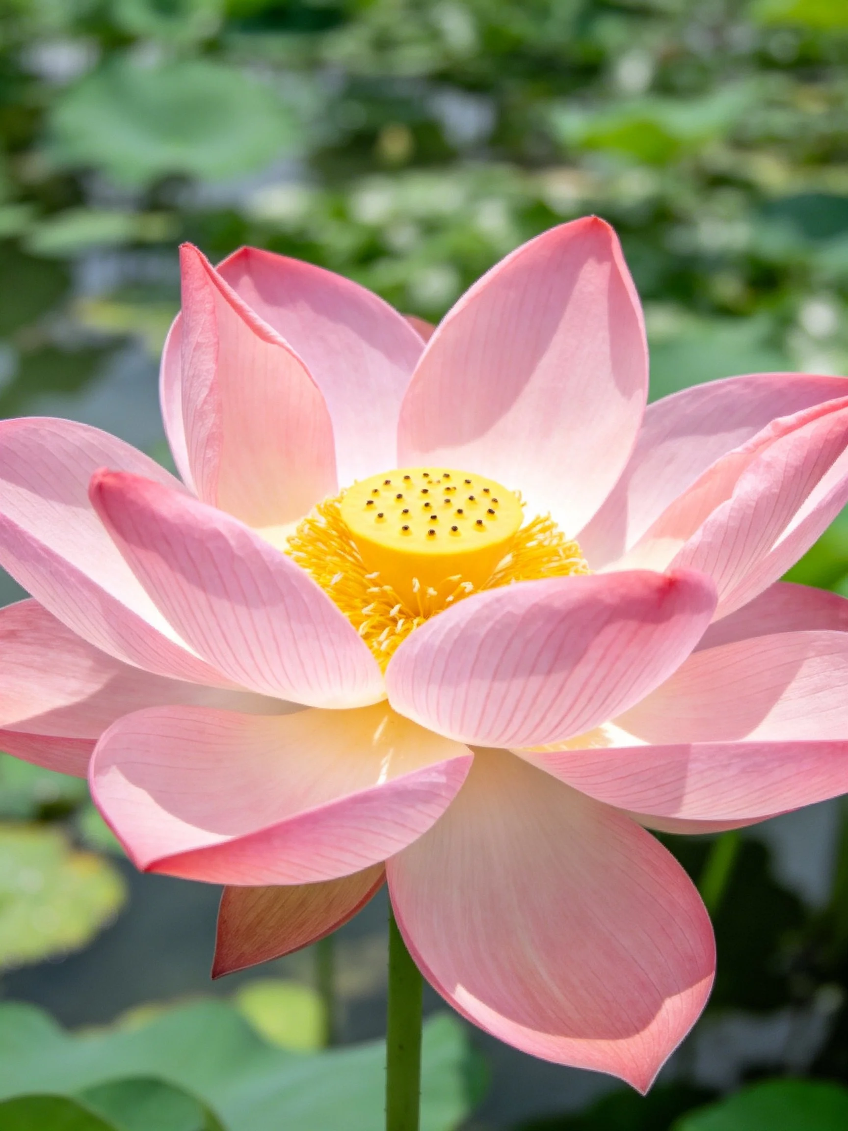 A pink lotus flower with yellow center amidst green foliage