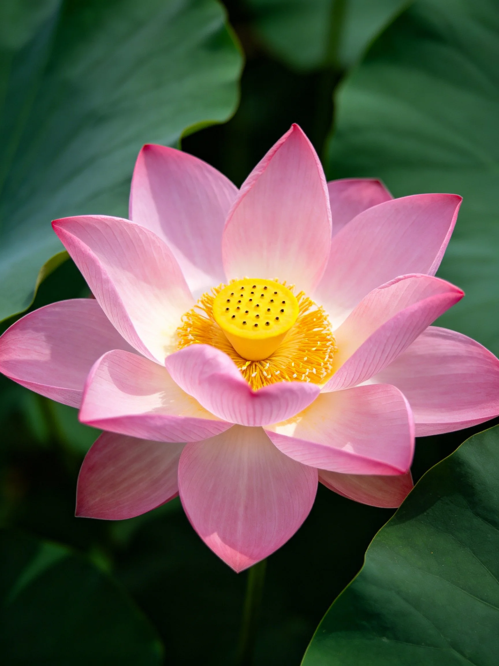 A pink lotus flower with yellow center and green foliage