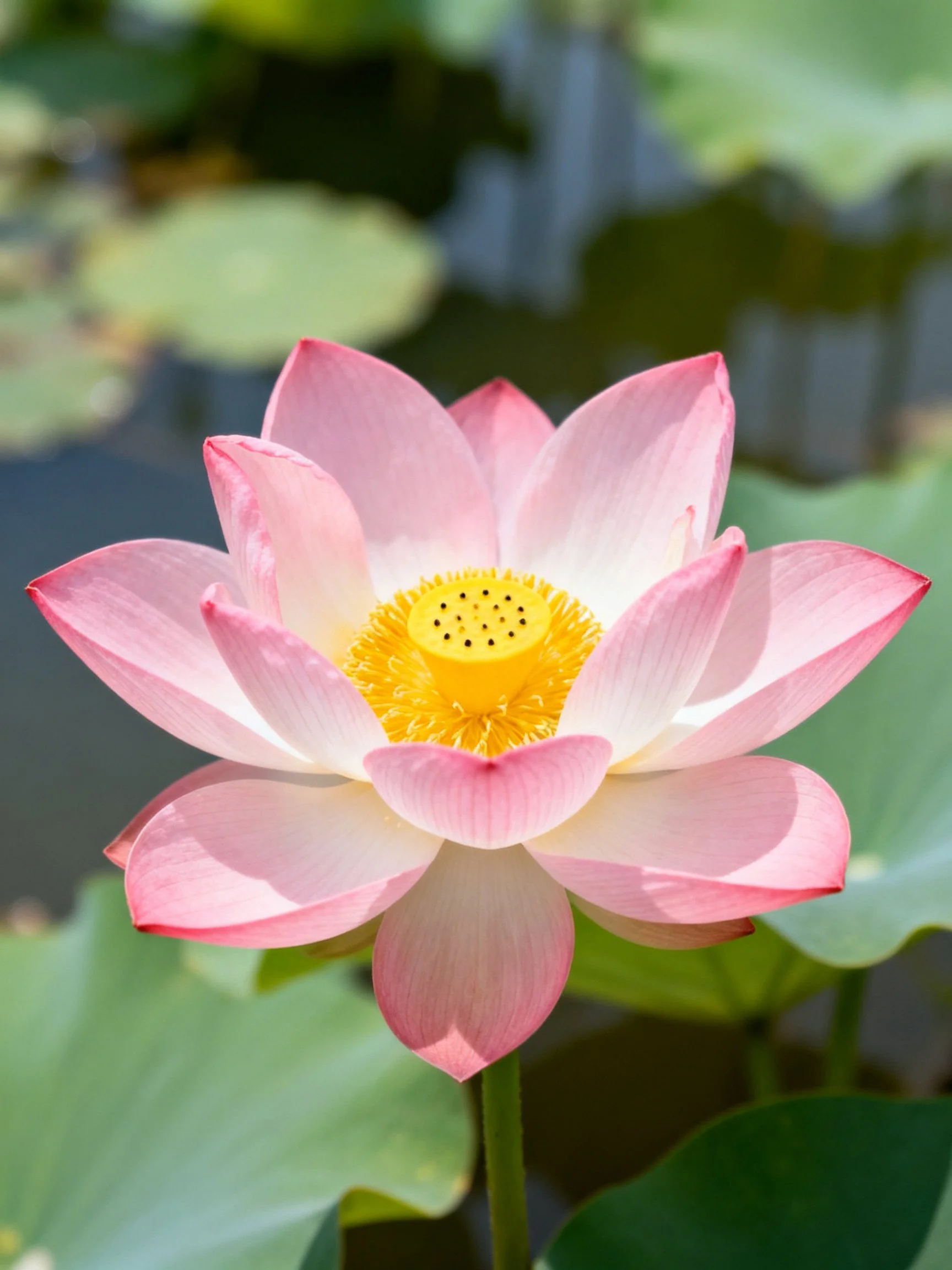 A pink lotus flower with yellow center and green leaves