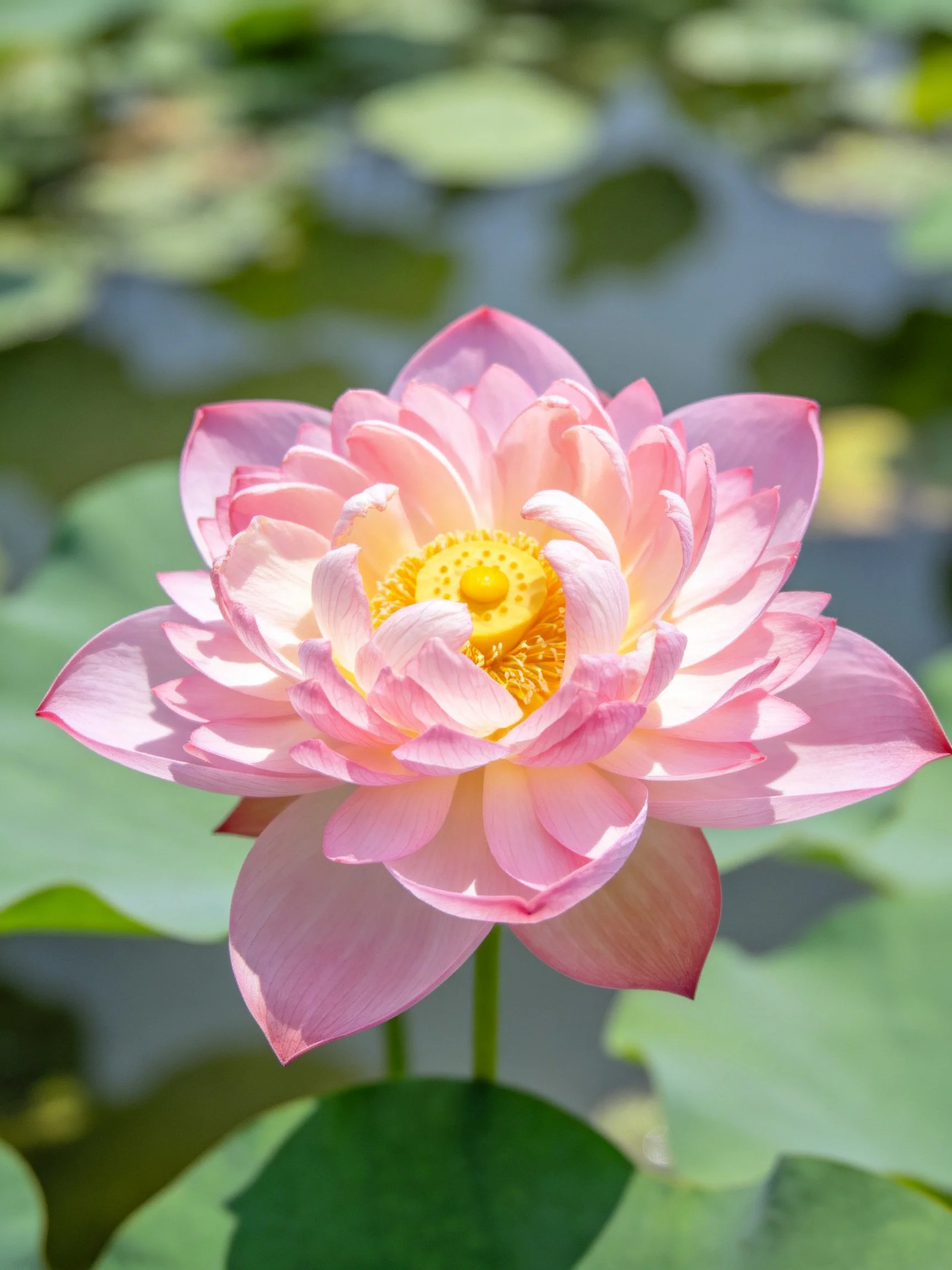 A pink lotus with layered petals blooms among green lily pads