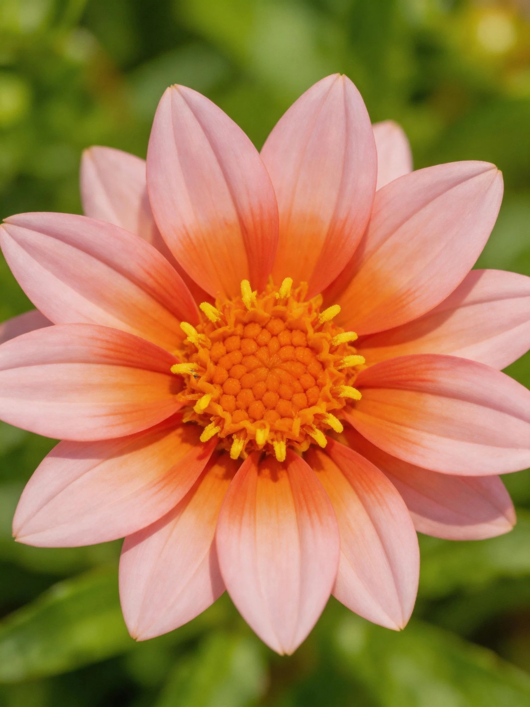 A pink-orange dahlia with vibrant yellow stamens