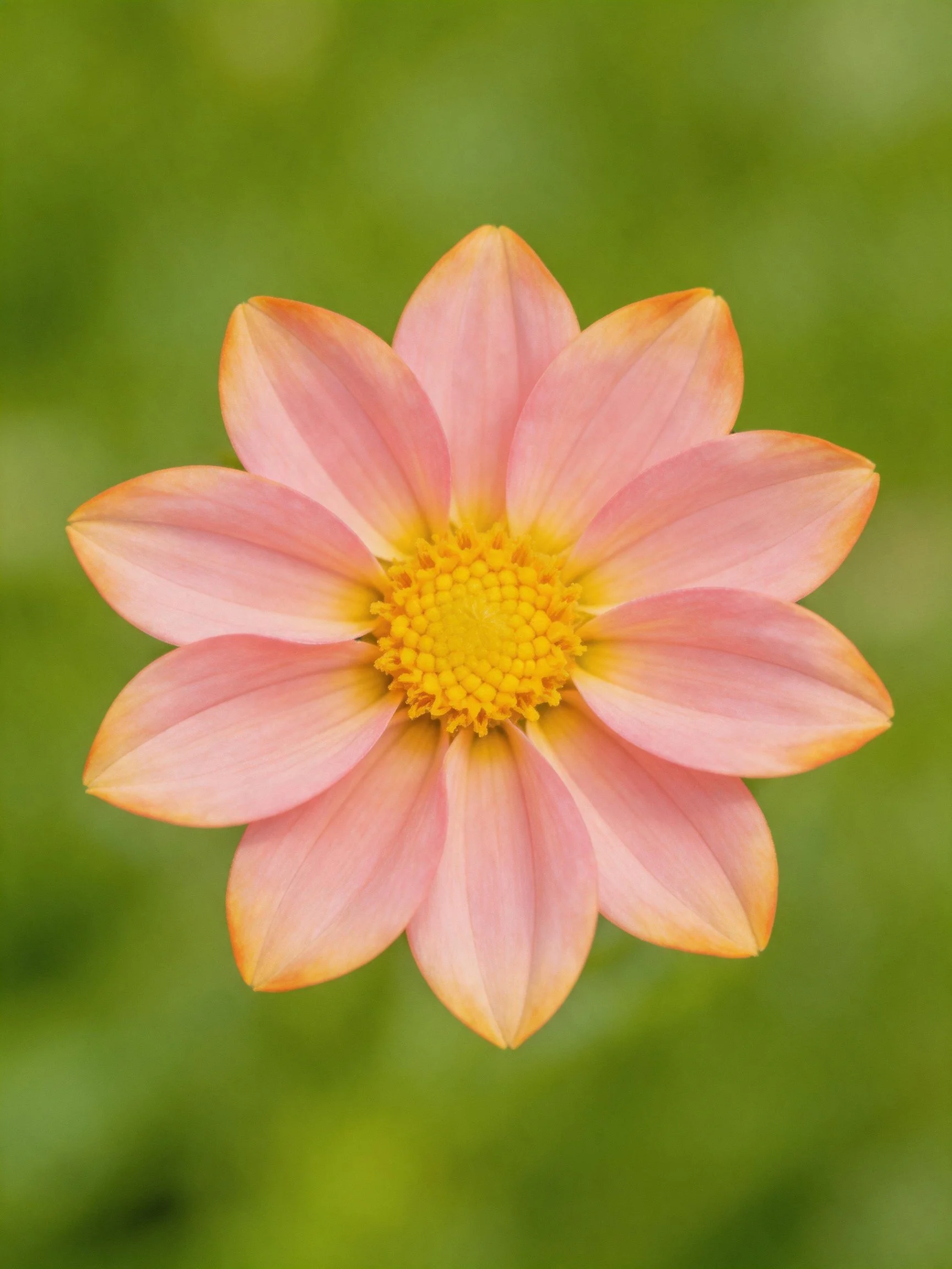 A pink-orange flower with a bright yellow central disc