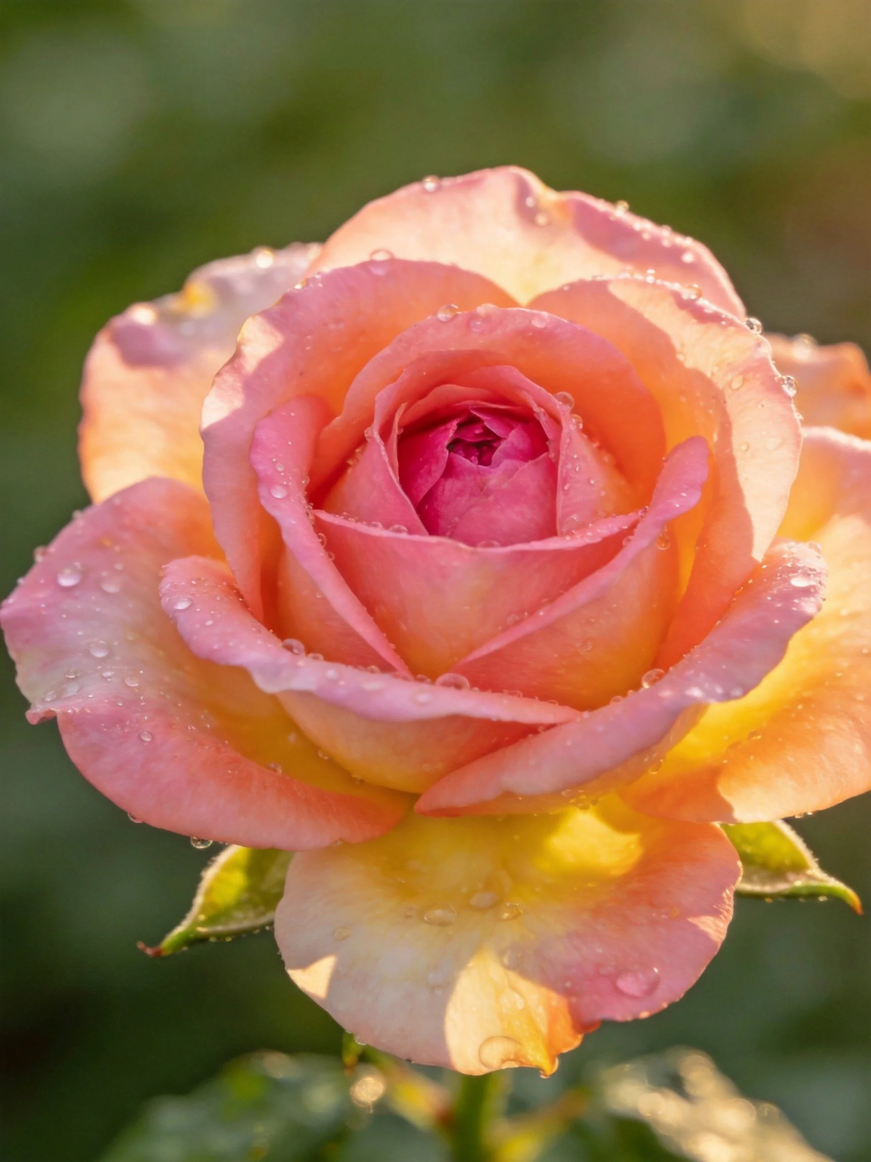 A pink-orange rose with dew drops on petals