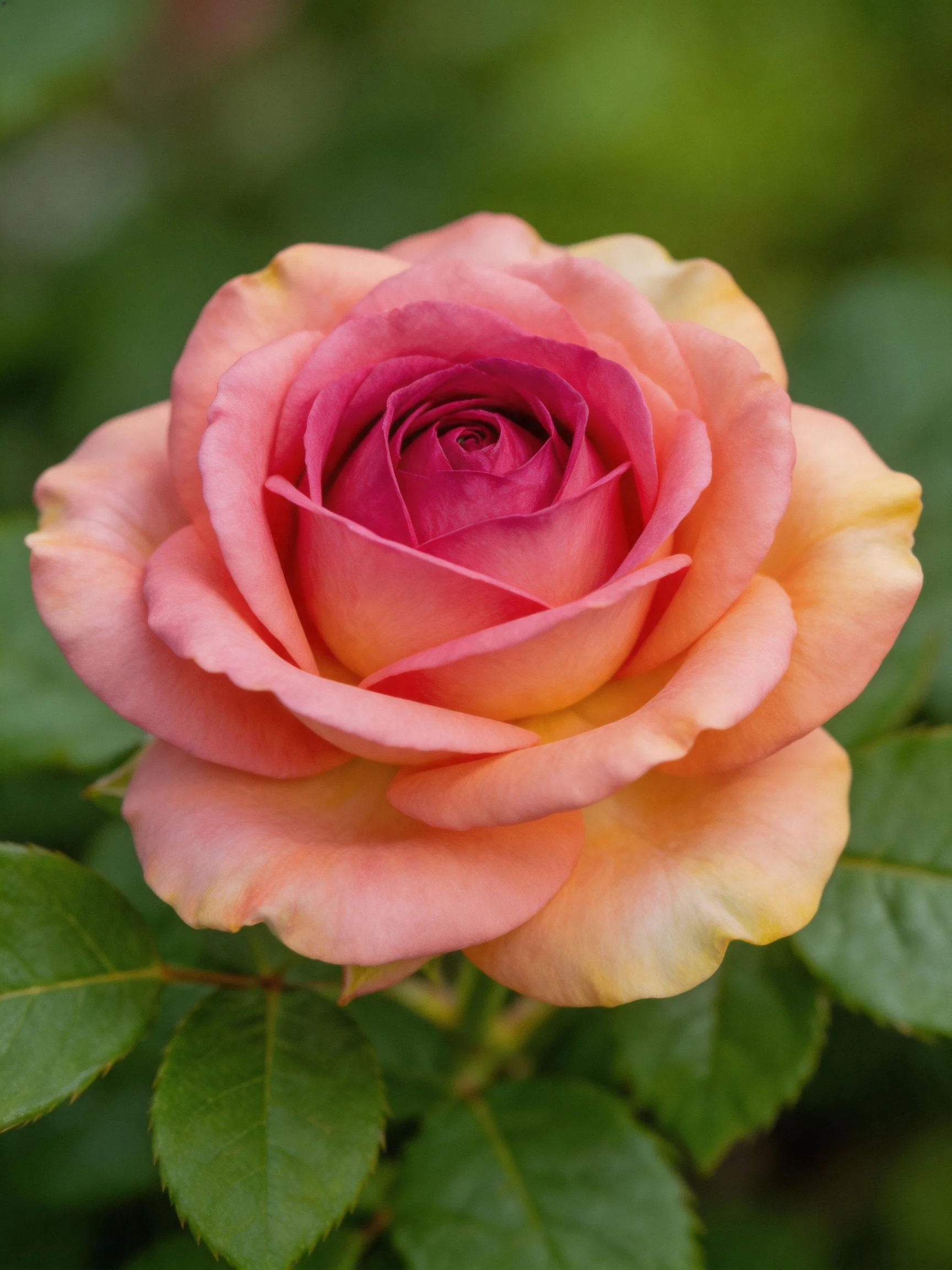 A pink-orange rose with layered gradient petals