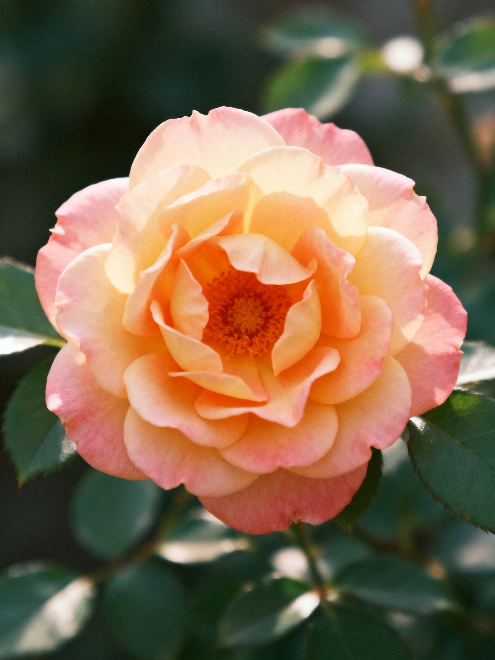A pink-orange rose with layered petals and green leaves