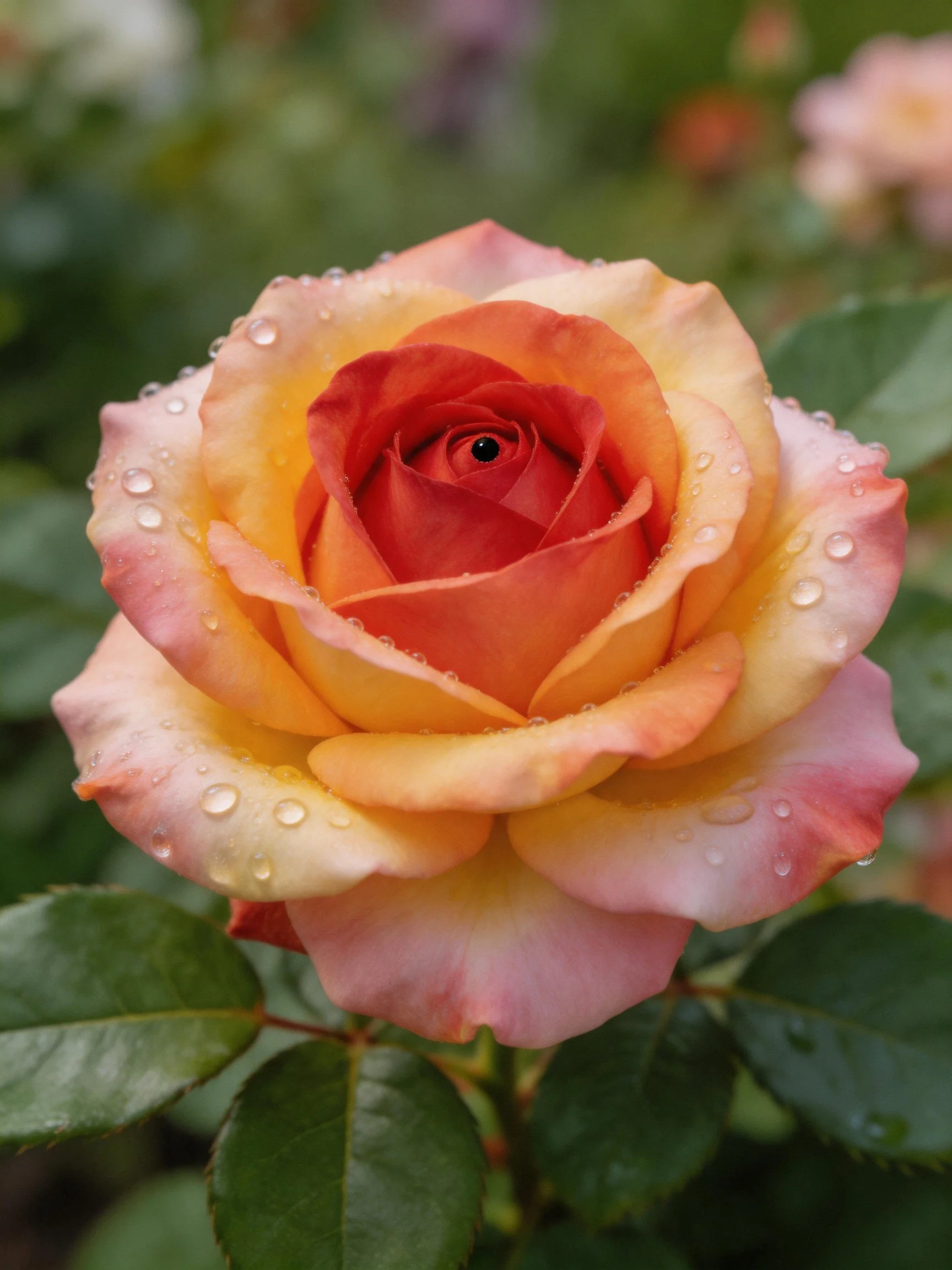 A pink-orange rose with water droplets on petals