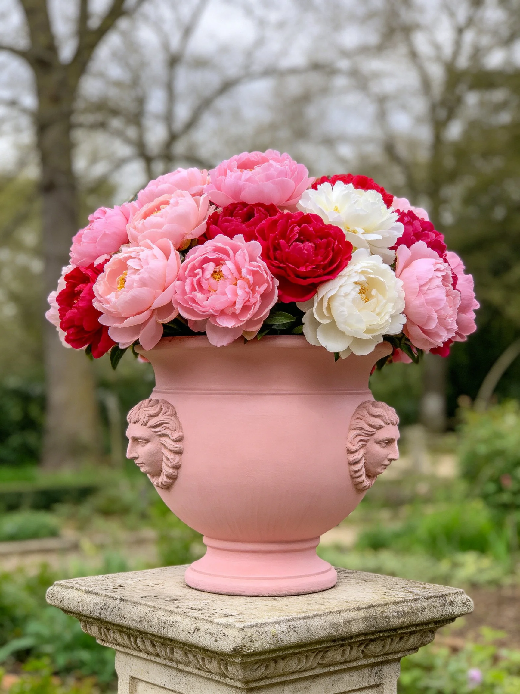 A pink ornate vase with colorful peonies in an outdoor garden