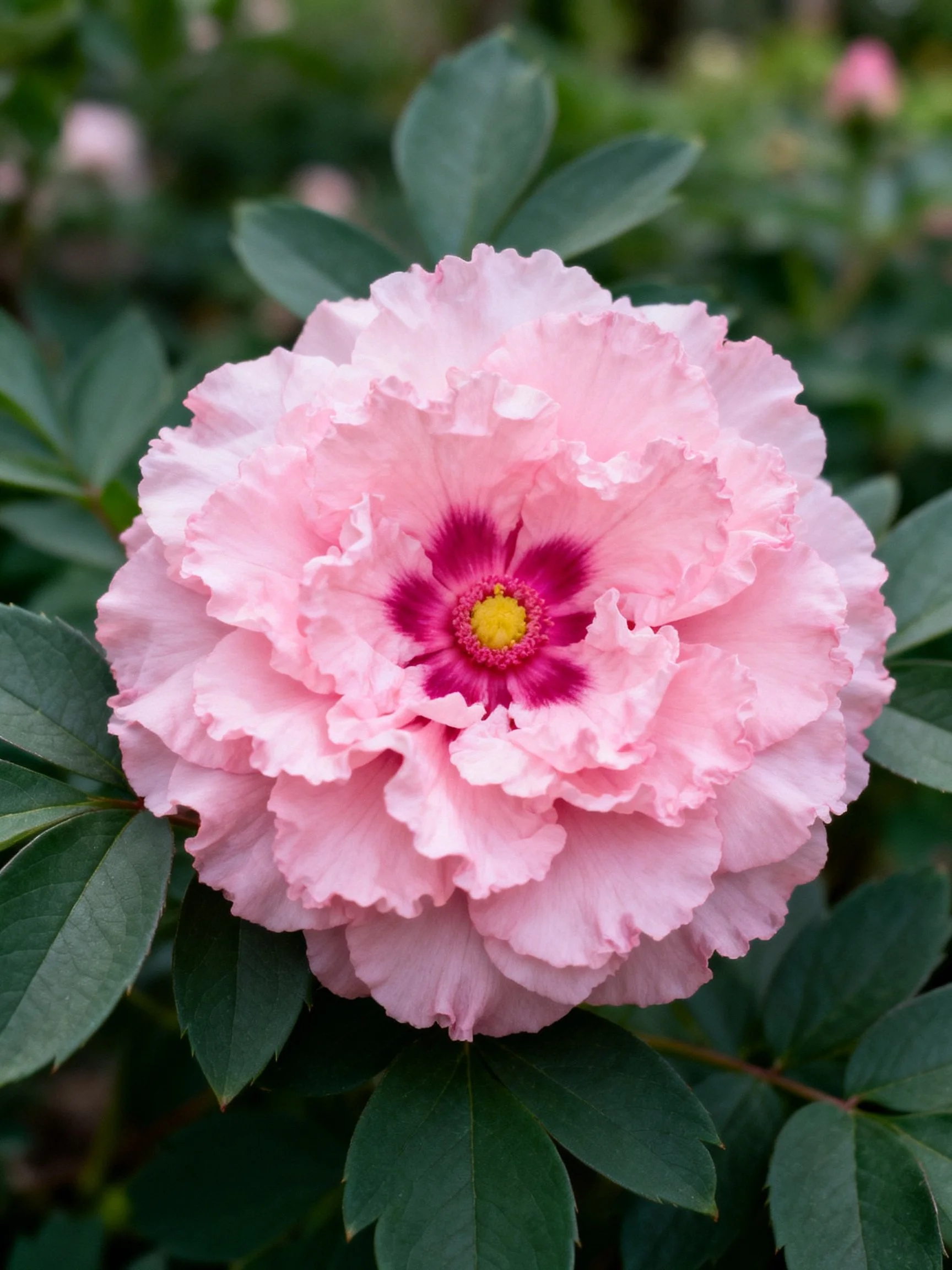 A pink peony with ruffled petals and magenta center