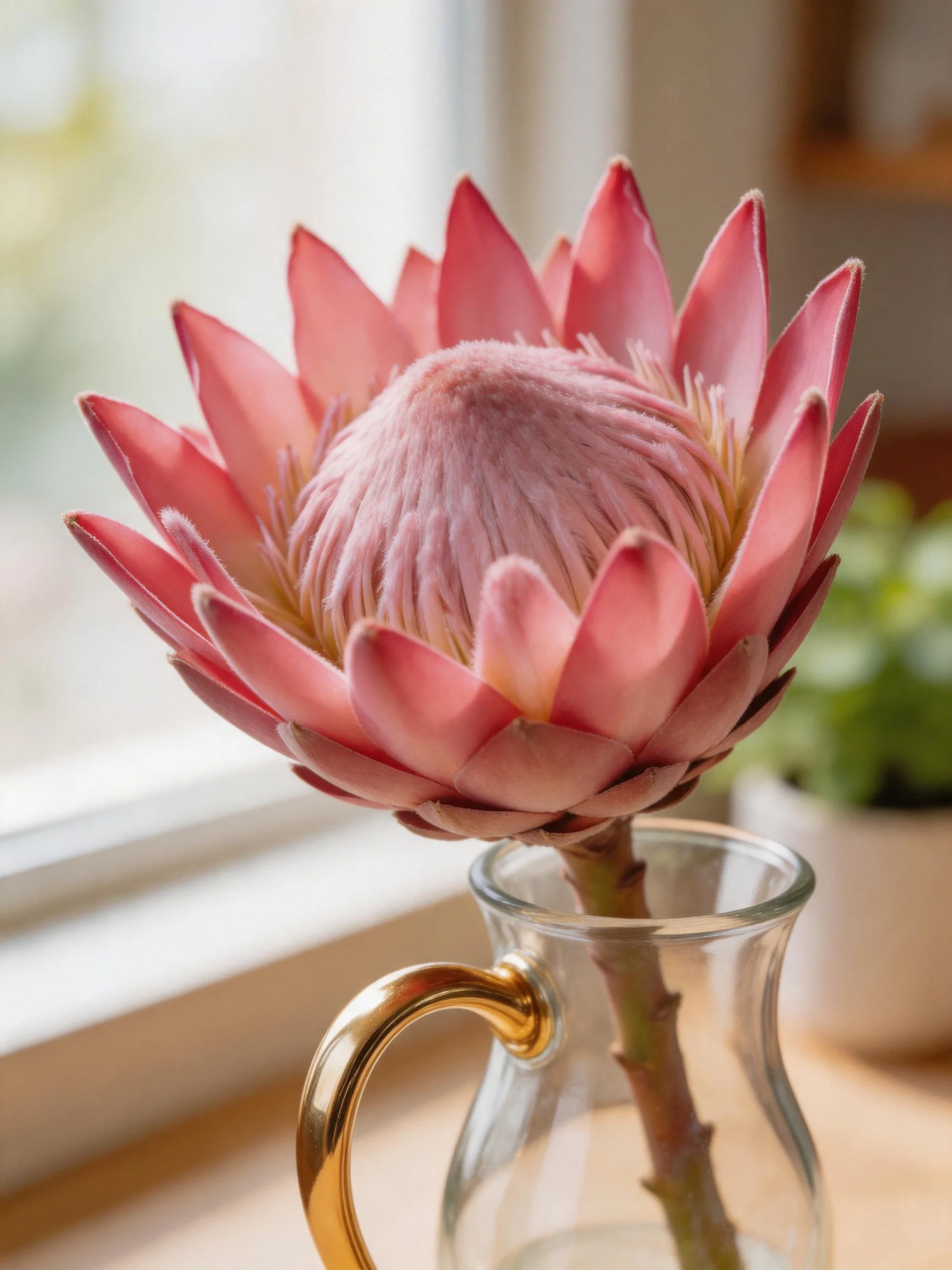 A pink protea flower in glass pitcher with golden handle