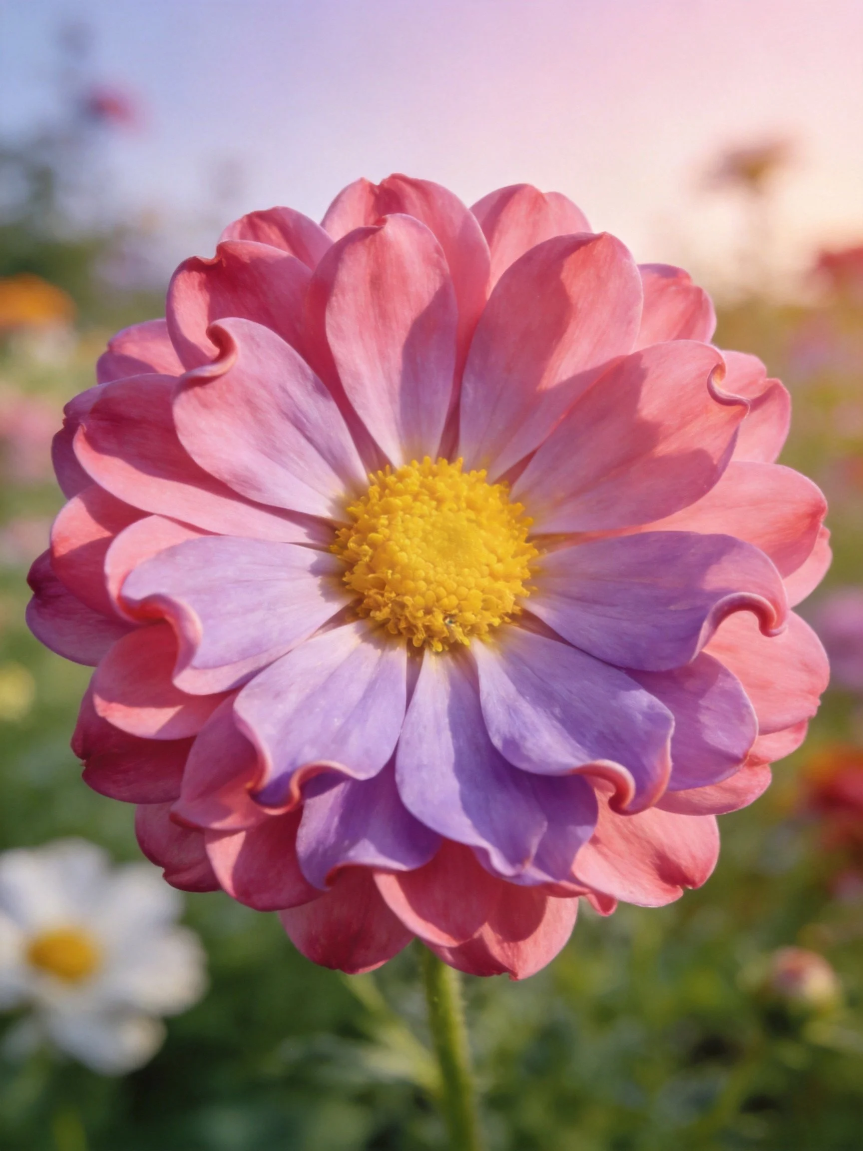 A pink-purple layered flower with a bright yellow center
