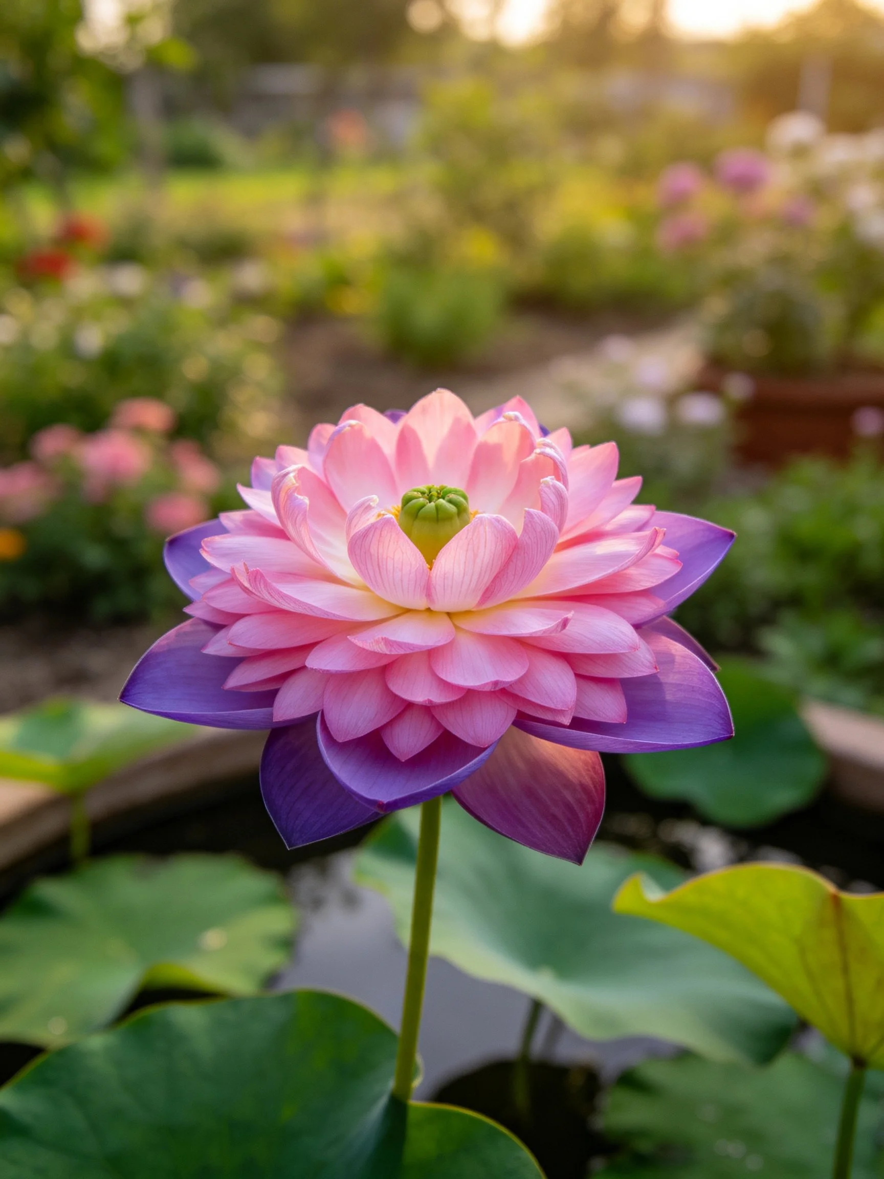 A pink-purple lotus flower near lily pads in a sunlit garden