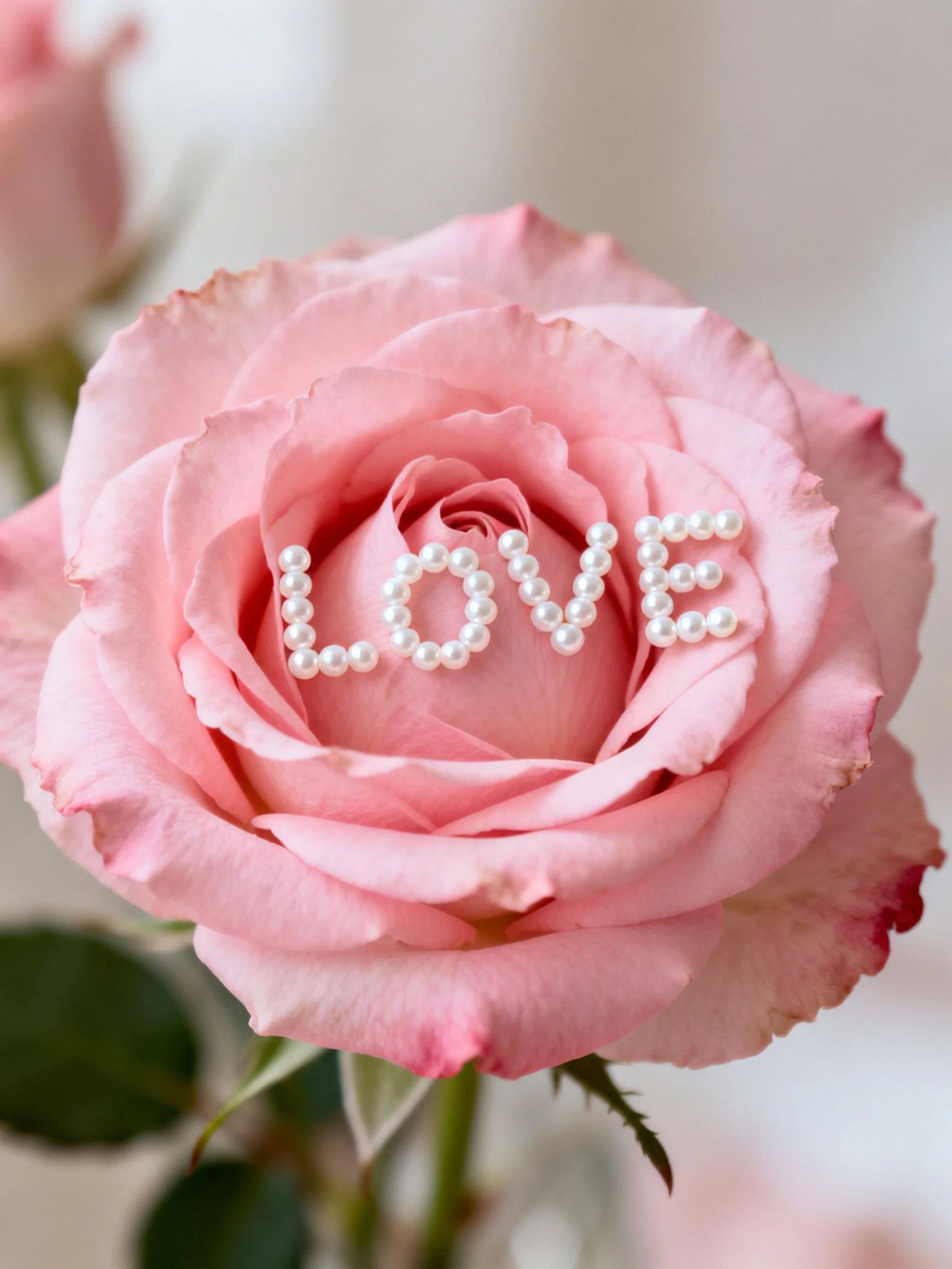 A pink rose adorned with pearl LOVE decorations