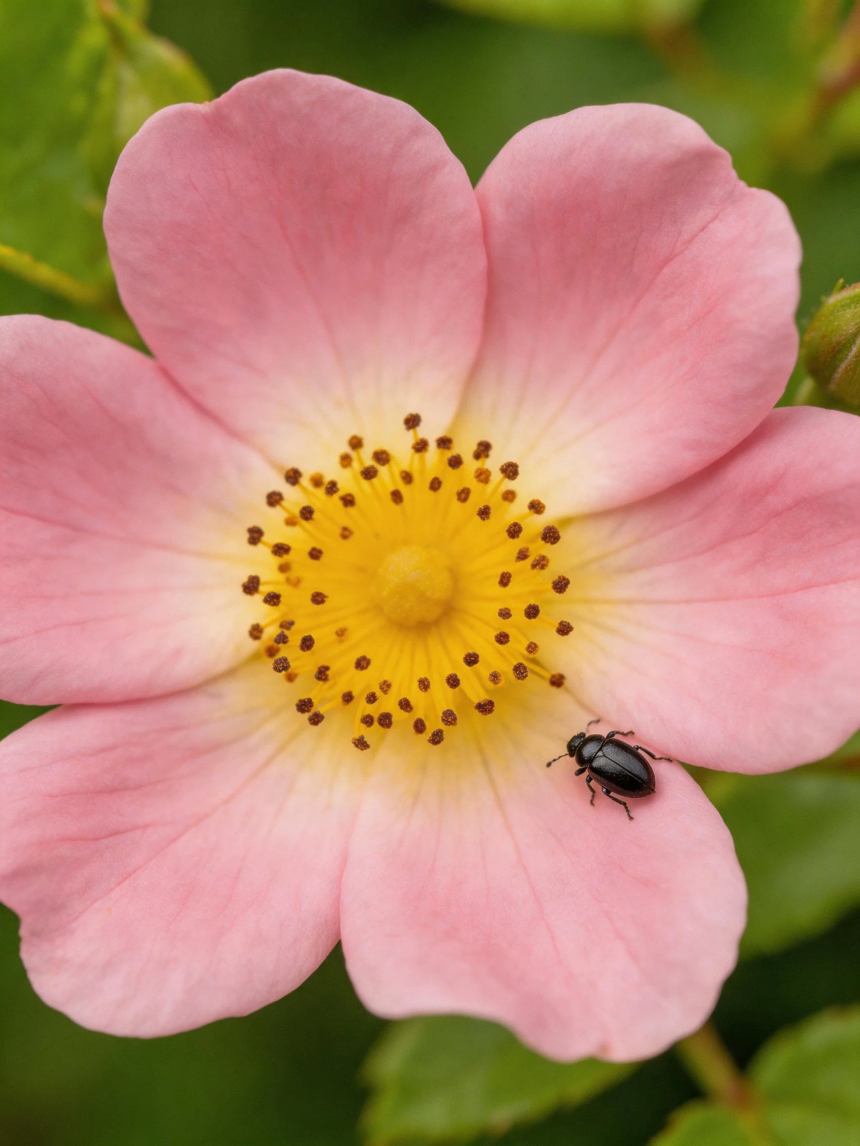 A pink rose blossom with a black beetle on its petal