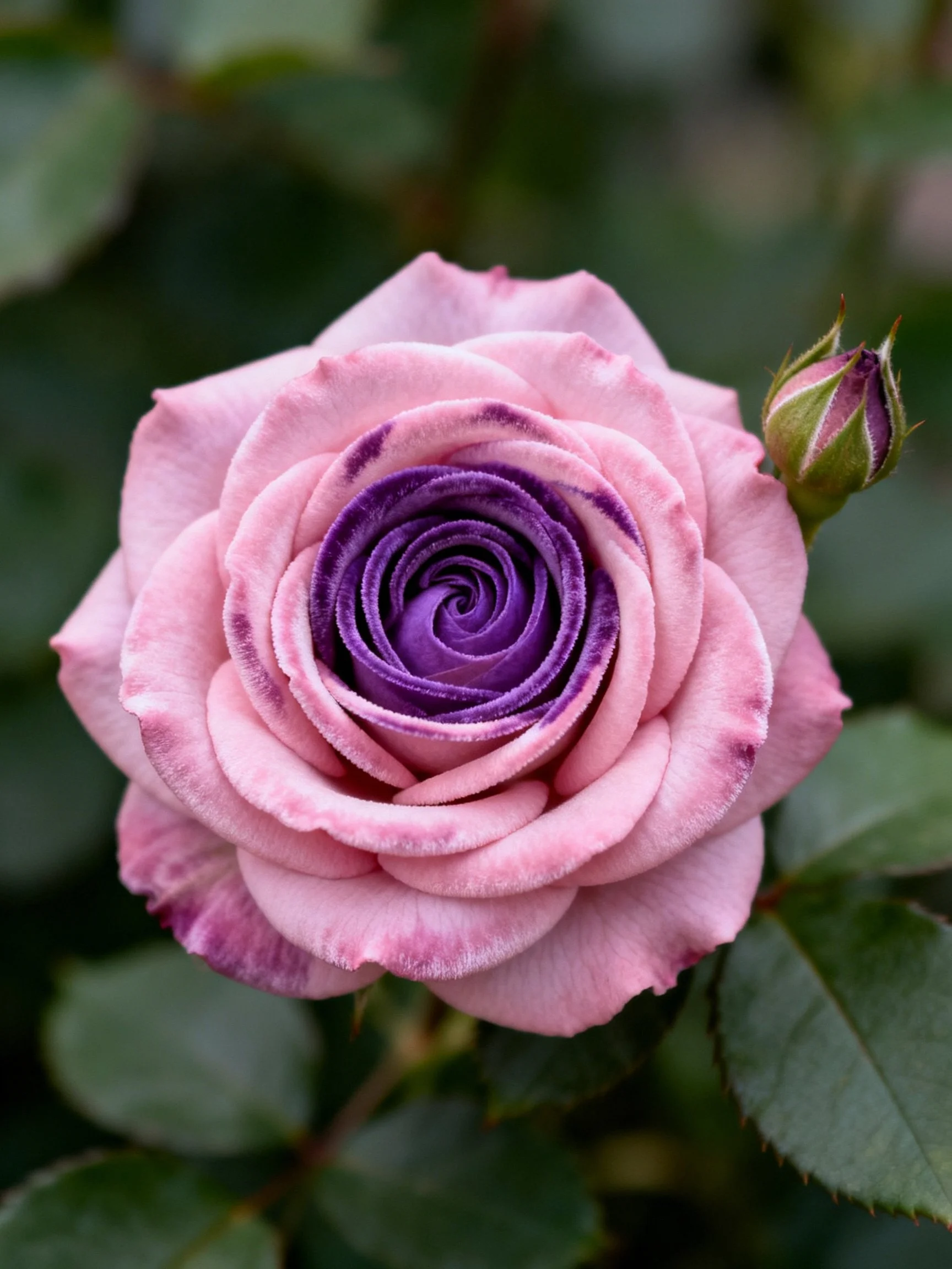 A pink rose with a deep purple center and a nearby bud