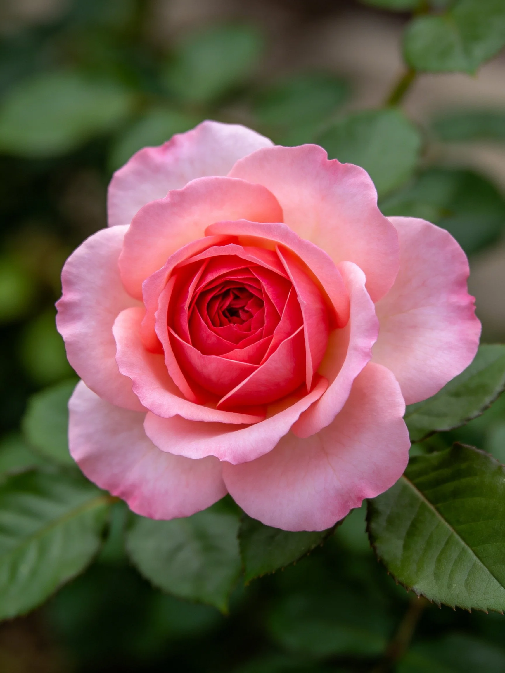 A pink rose with coral-red center and green foliage