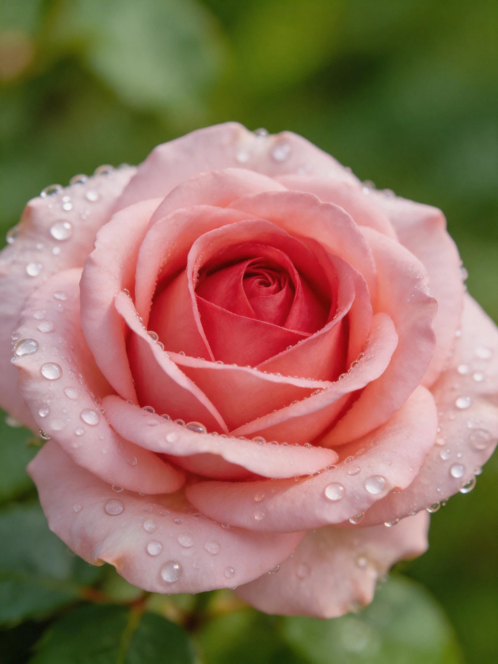 A pink rose with dew drops, close-up view