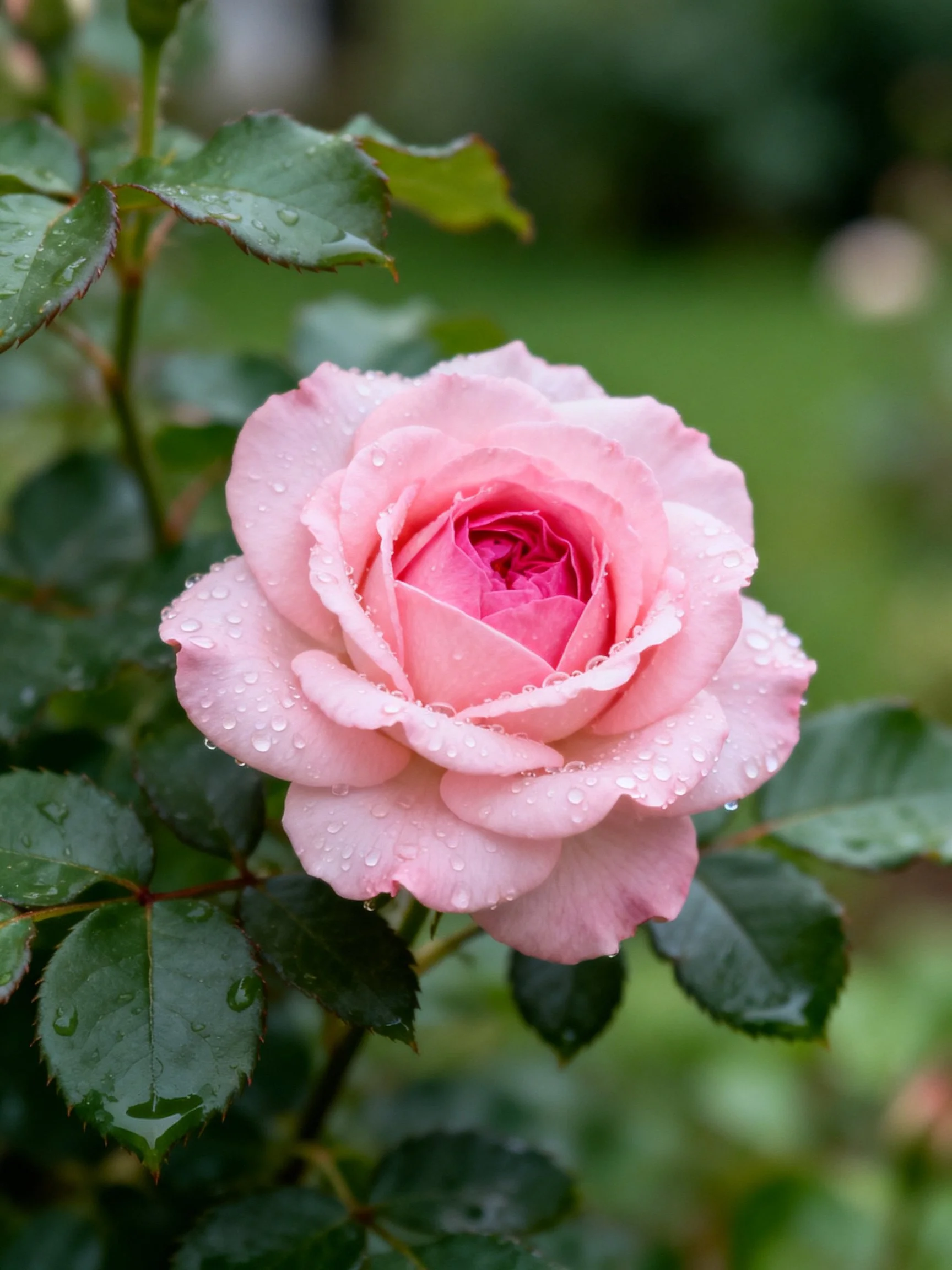 A pink rose with dewdrops surrounded by green foliage