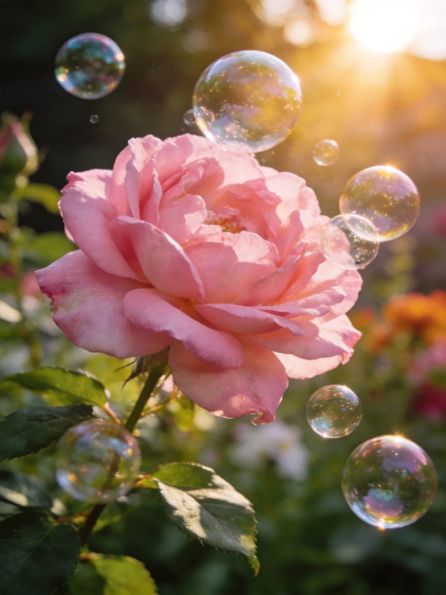 A pink rose with floating bubbles in sunlight