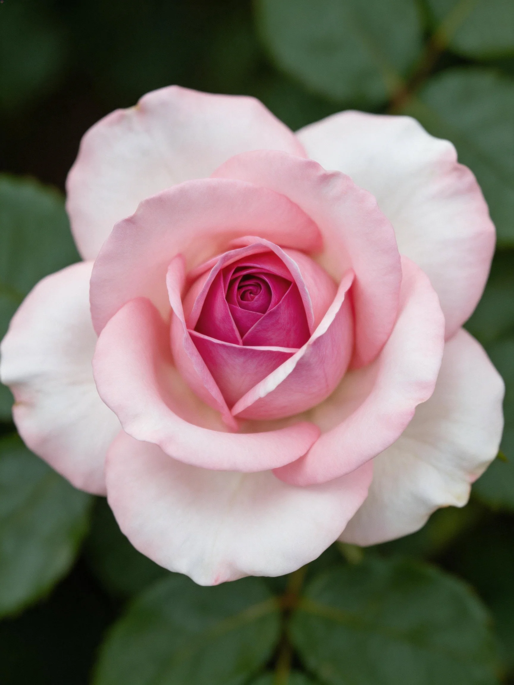 A pink rose with gradient petals and dark green foliage