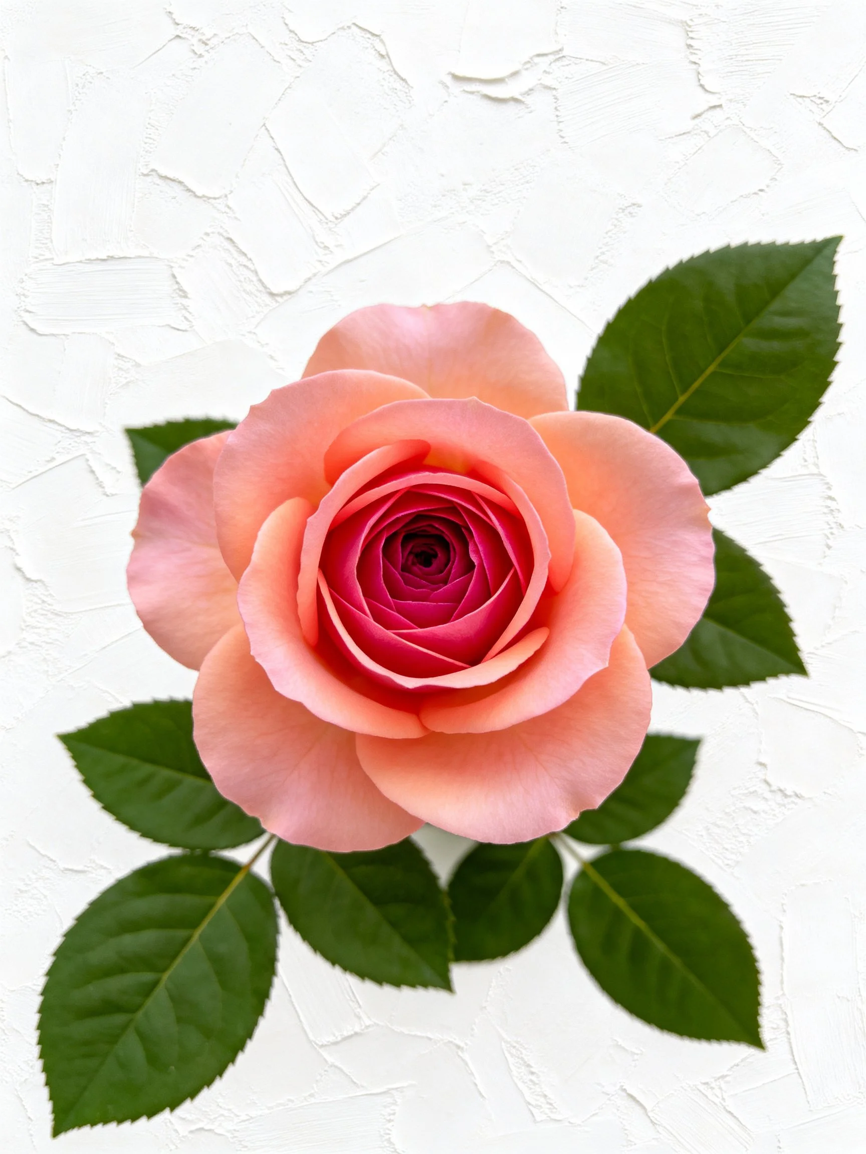 A pink rose with green leaves on a white textured wall