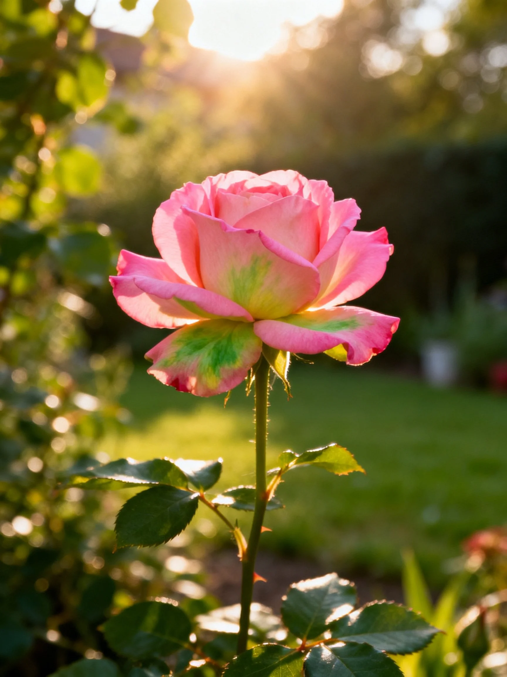 A pink rose with green-tinted petals in a sun-drenched garden