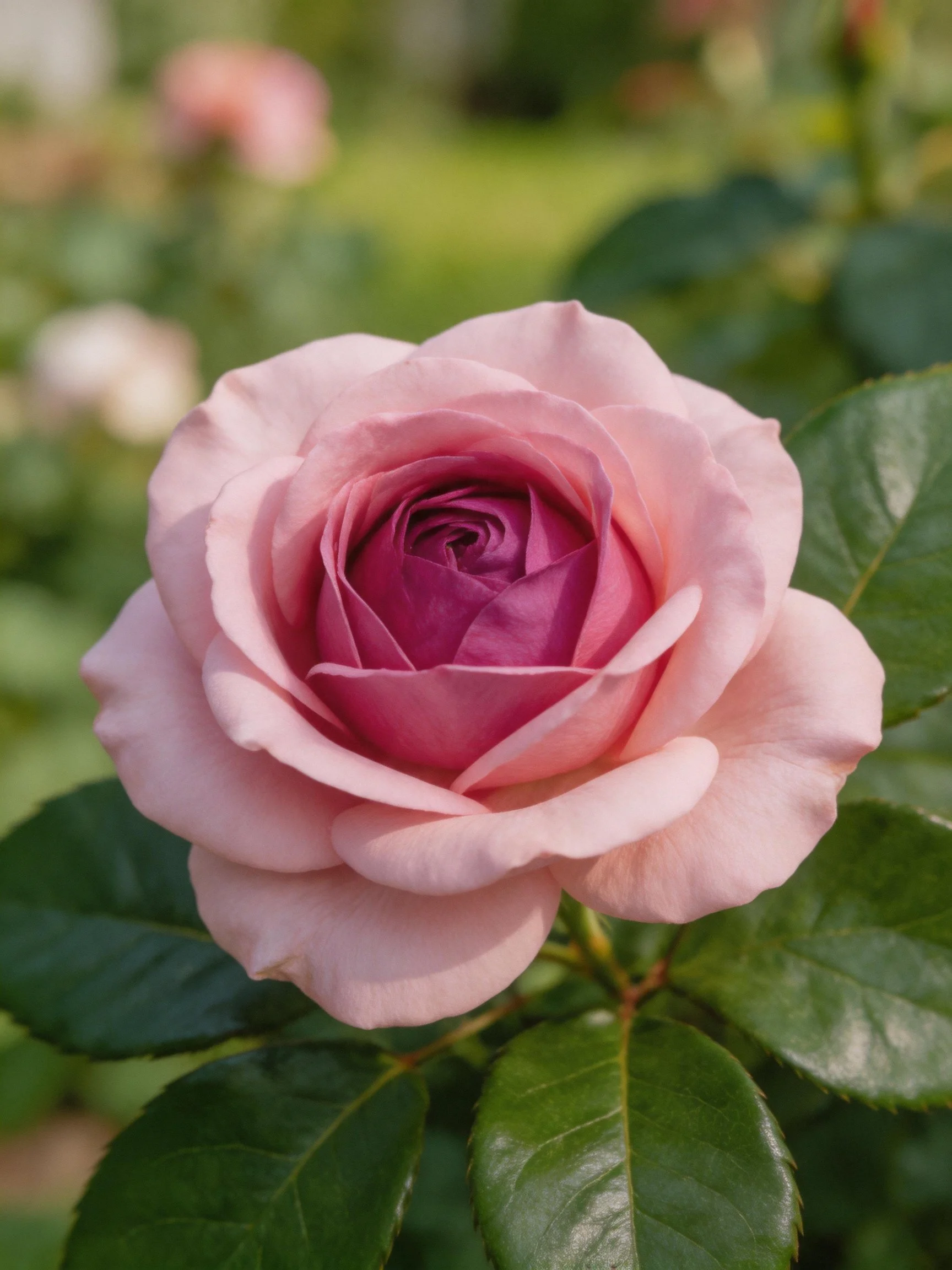 A pink rose with layered petals and deep purple center