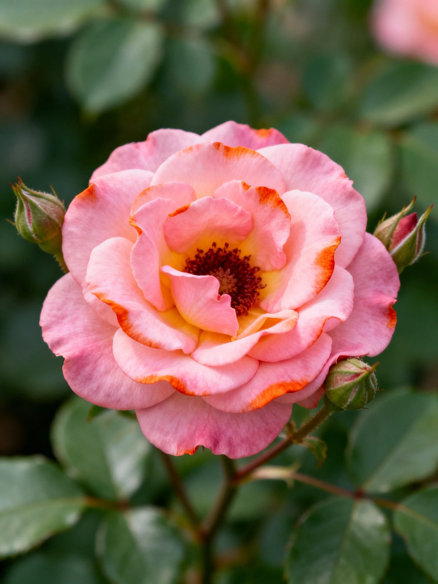 A pink rose with orange-edged petals and green foliage
