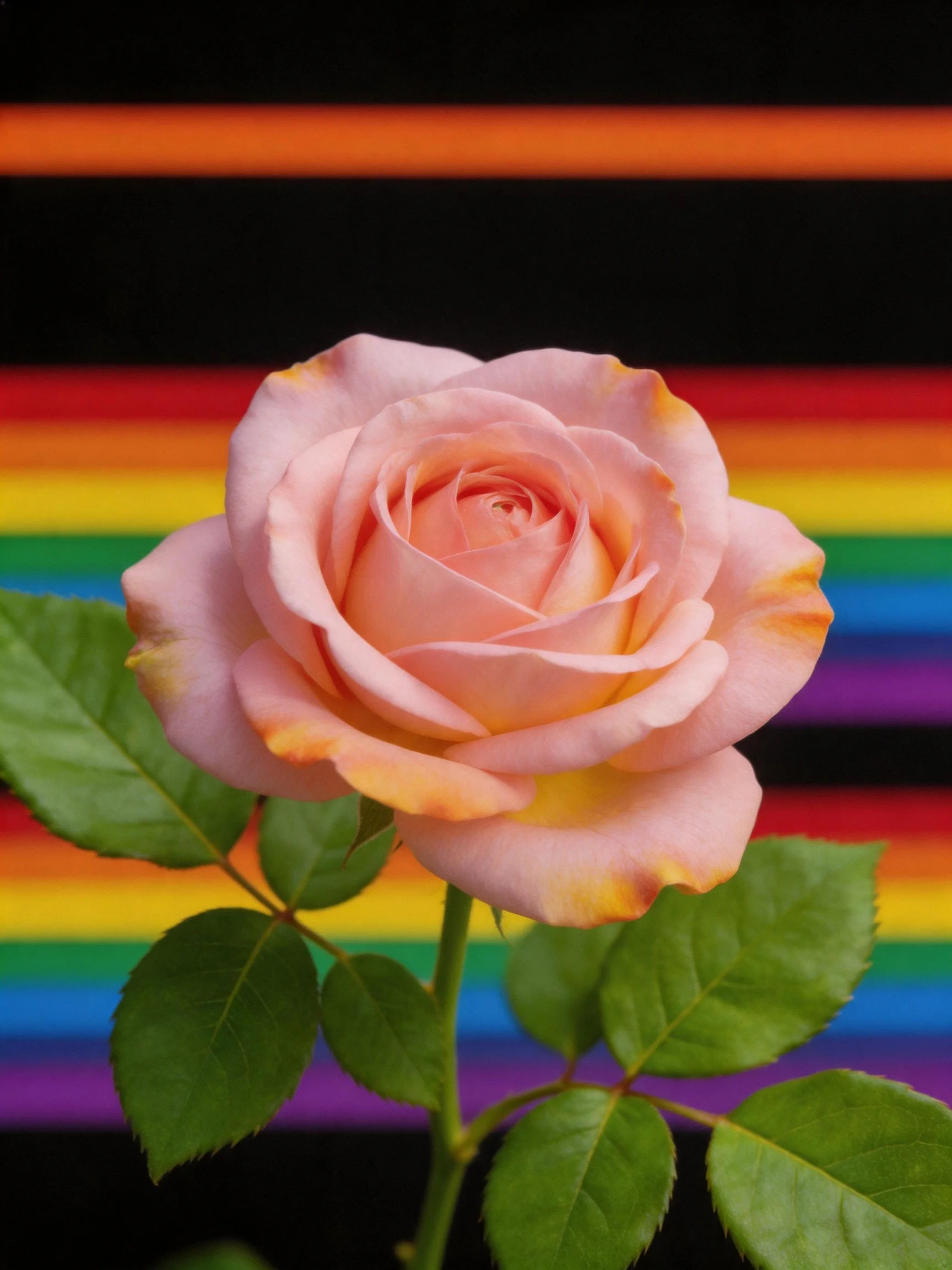 A pink rose stands out against horizontal rainbow-colored stripes.