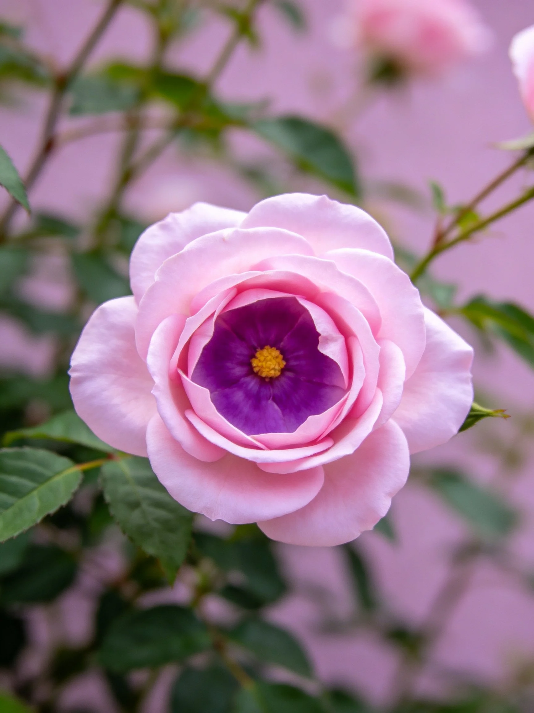 A pink rose with purple center and green foliage