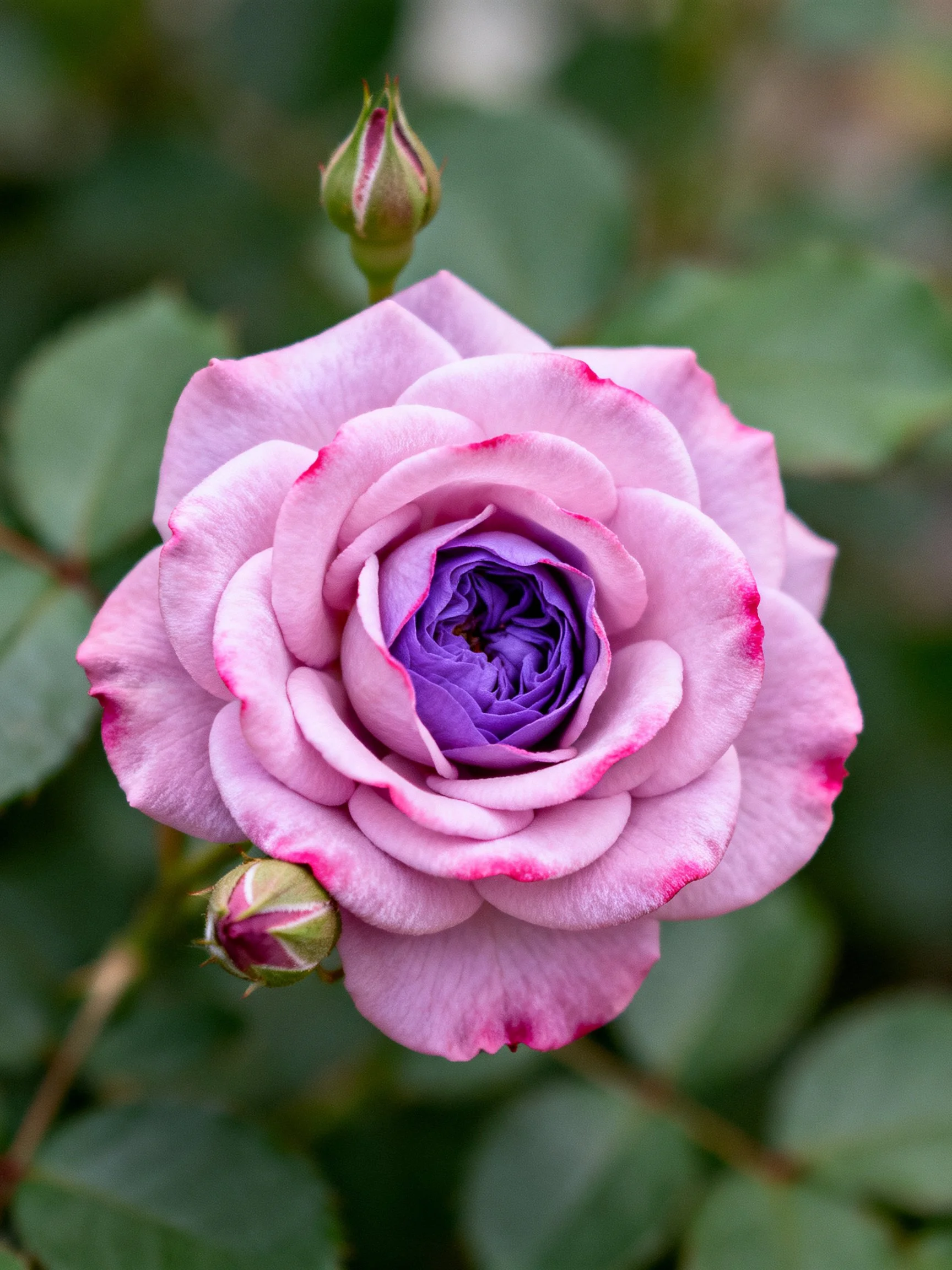 A pink rose with purple center and two green buds