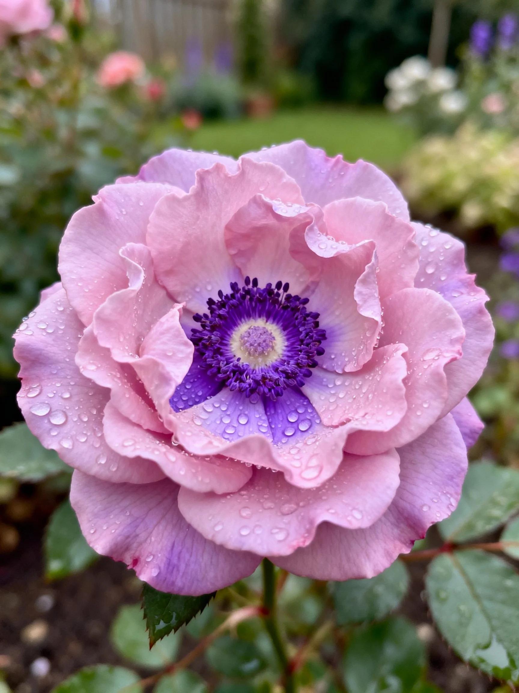 A pink rose with purple center, water droplets, in a garden