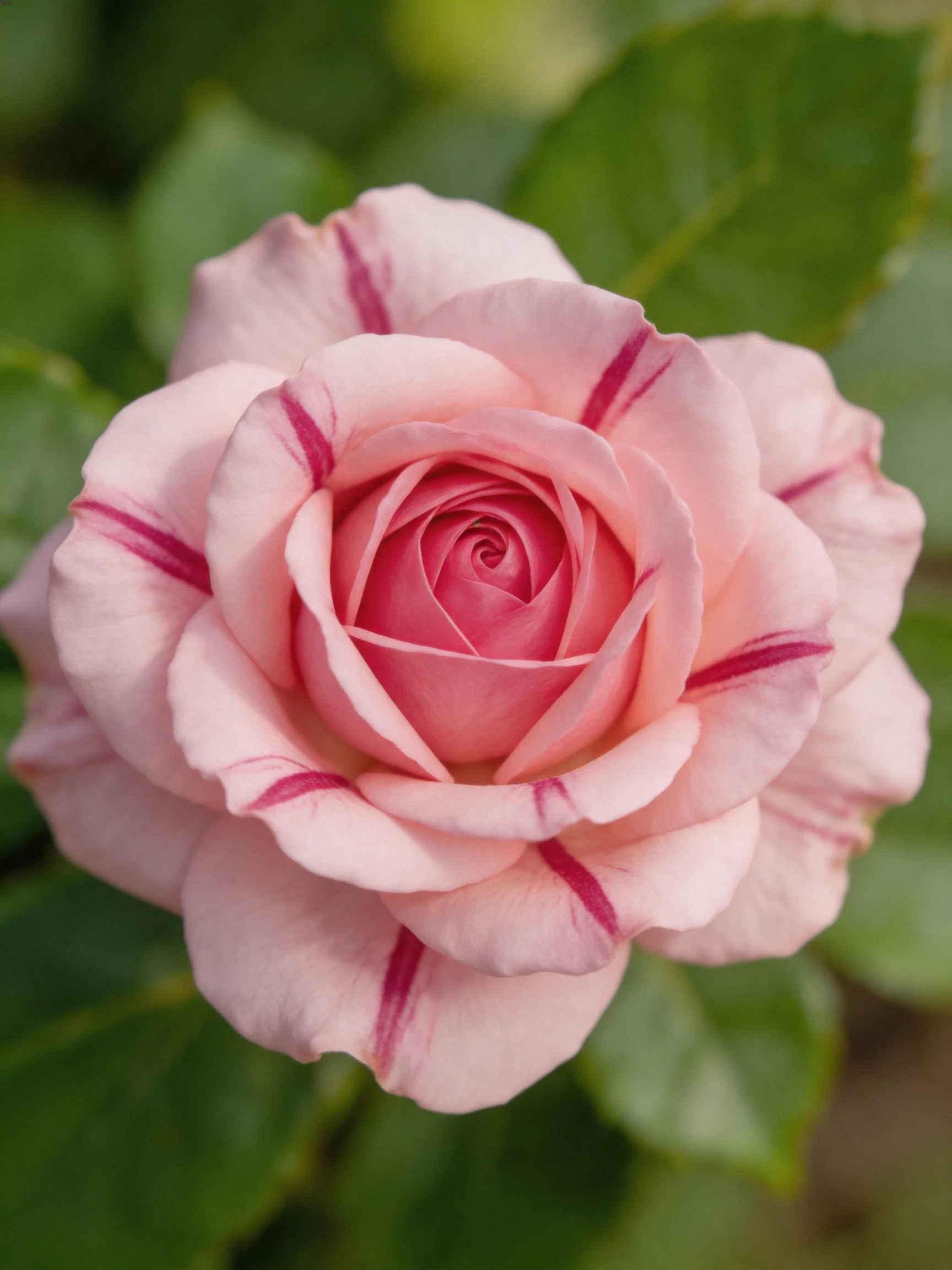 A pink rose with purple streaks amid green foliage
