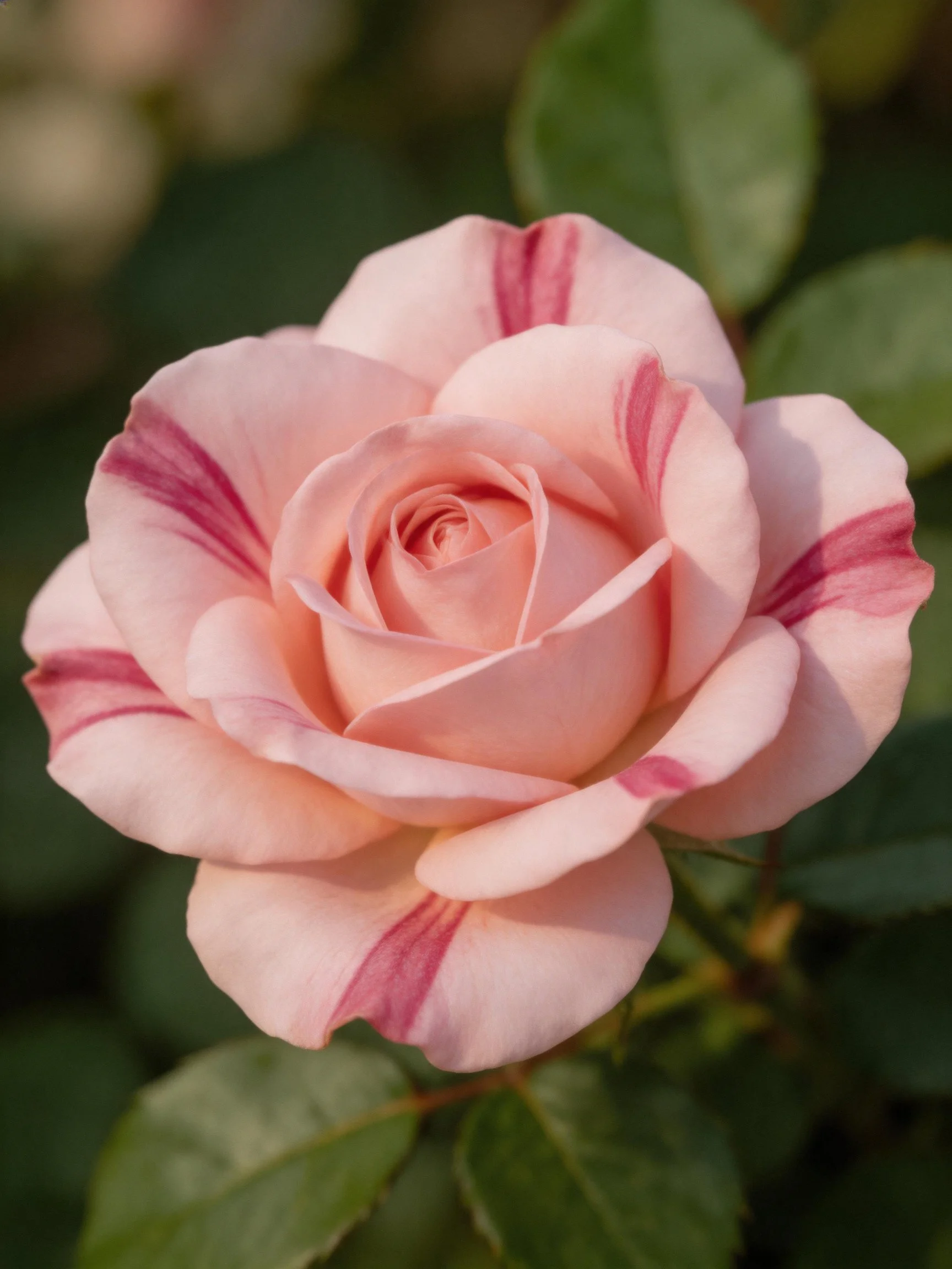 A pink rose with purple streaks surrounded by green leaves