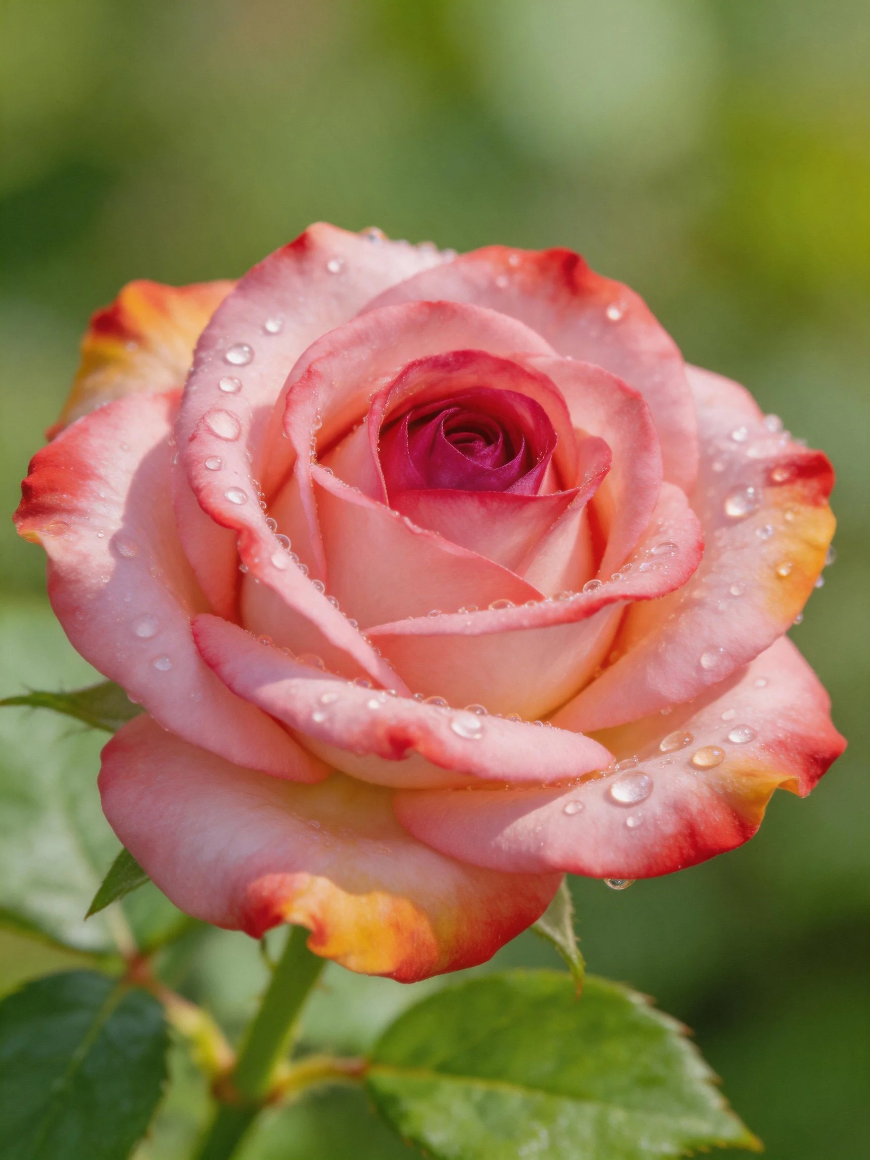 A pink rose with red-edged petals and dew drops