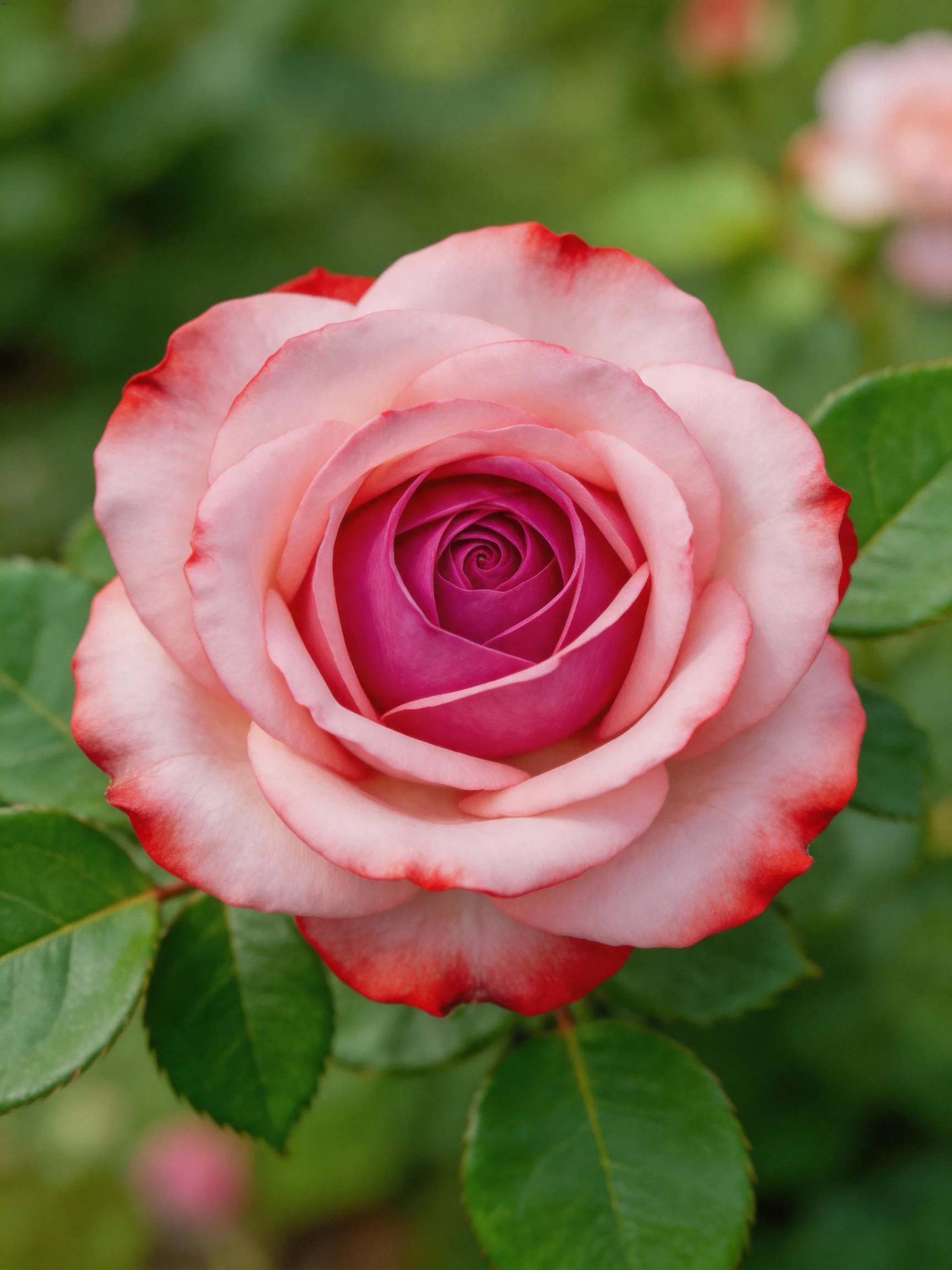 A pink rose with red-tipped petals and a purple center