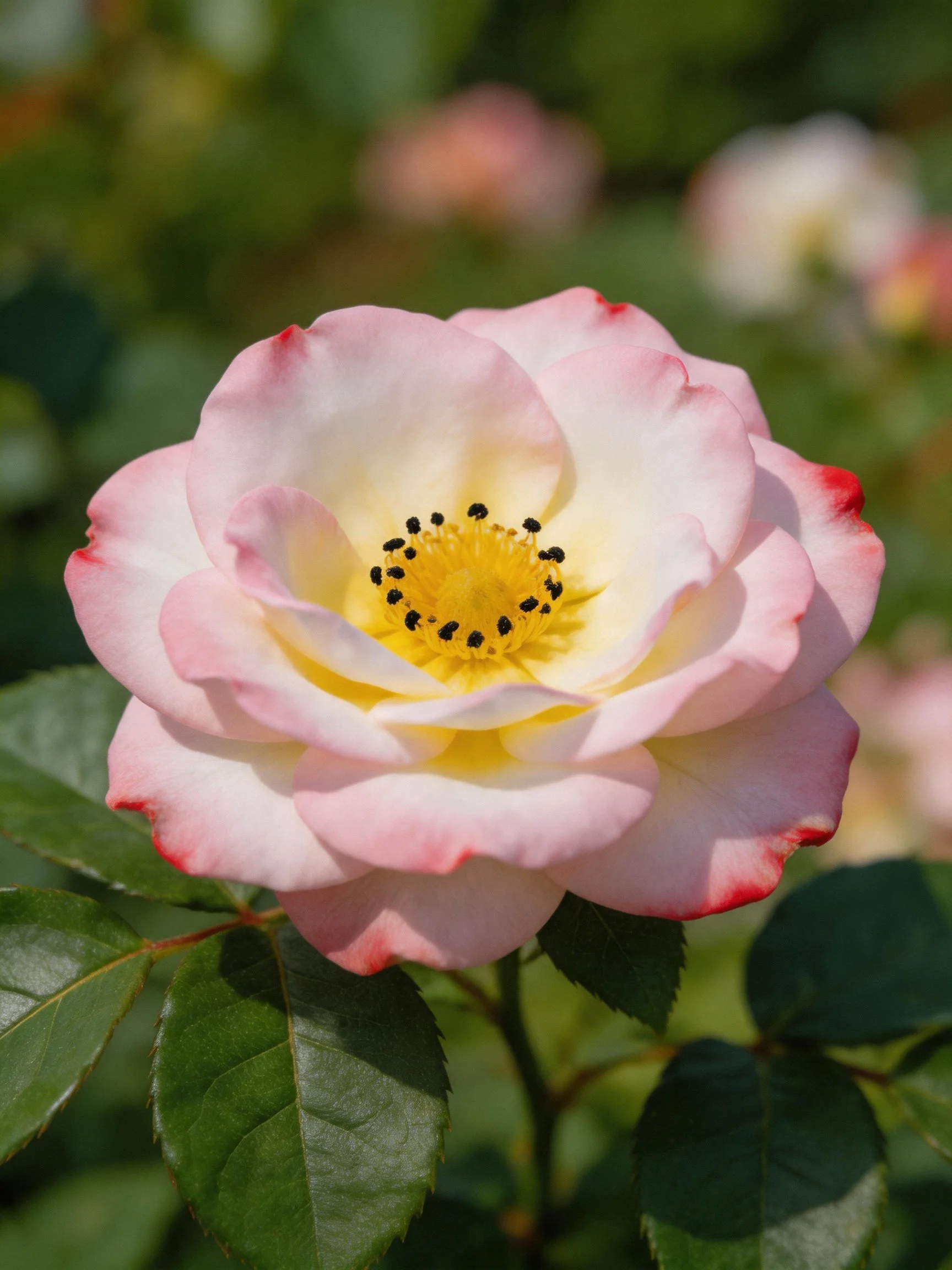 A pink rose with red-tipped petals and yellow center