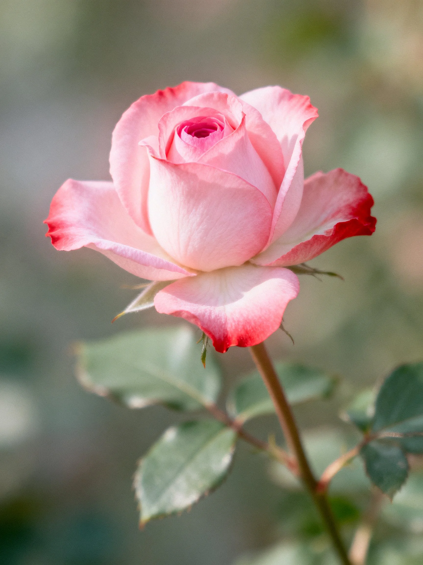 A pink rose with red-tipped petals near green leaves