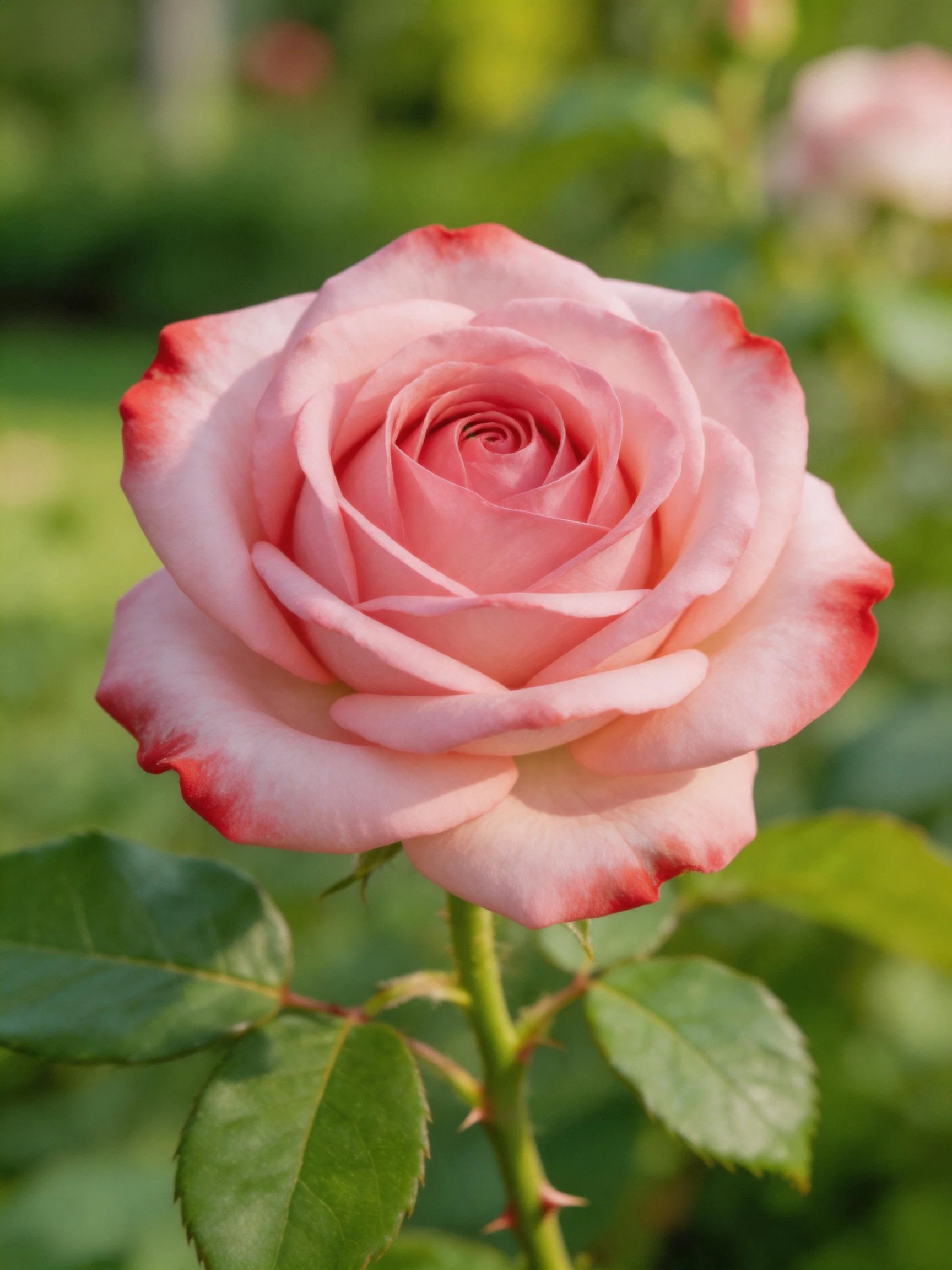 A pink rose with red-tipped petals surrounded by green leaves