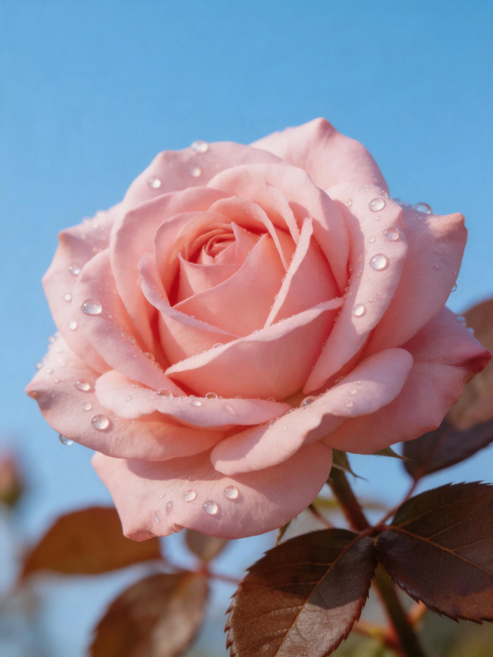 A pink rose with water droplets against a clear blue sky