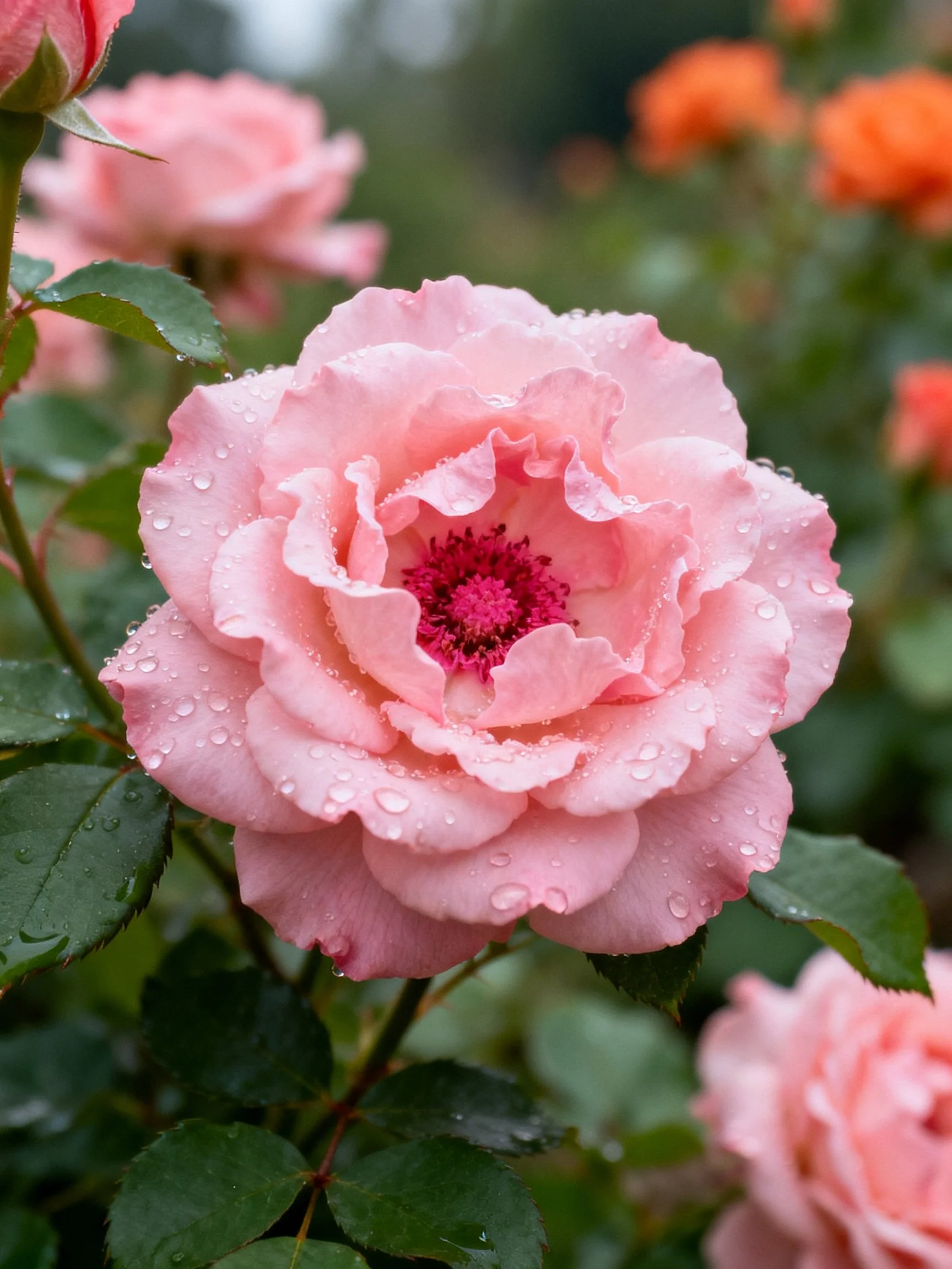 A pink rose with water droplets amid green foliage and blooming companions