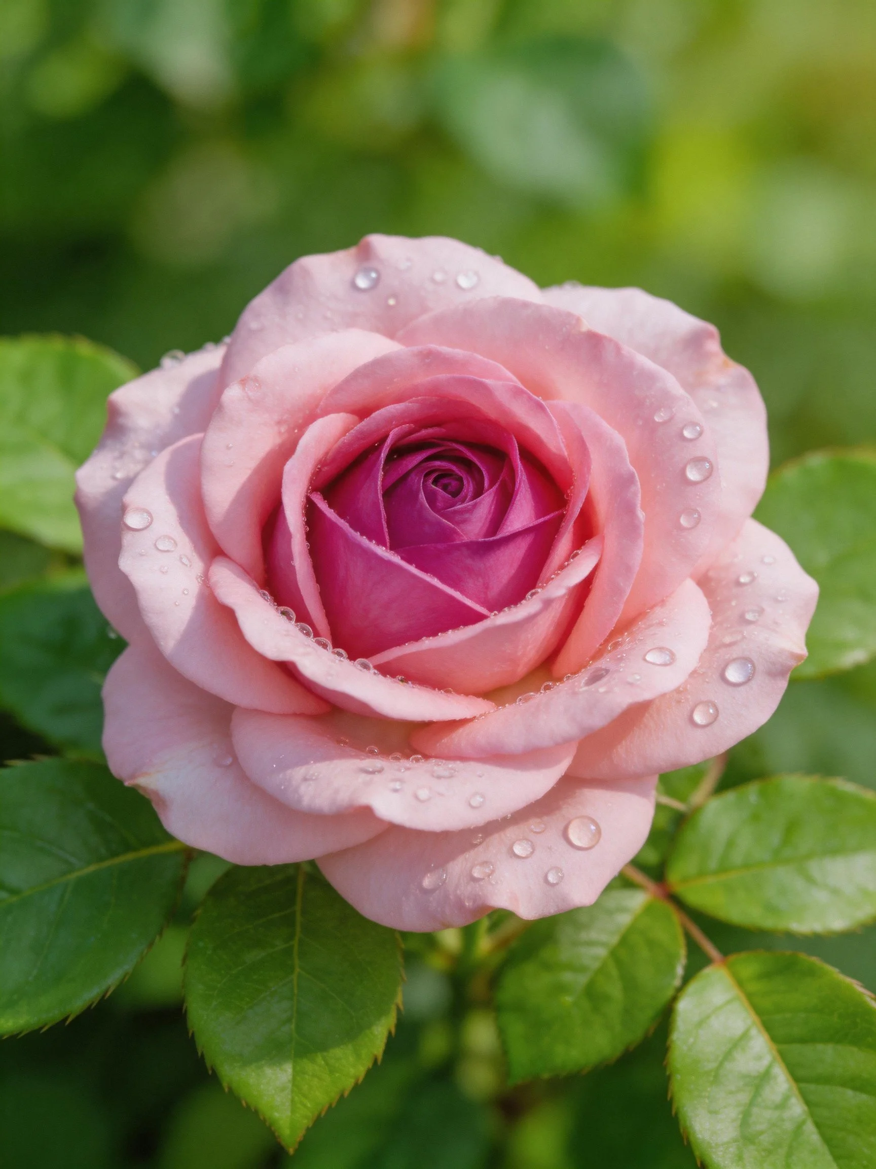 A pink rose with water droplets amidst green leaves